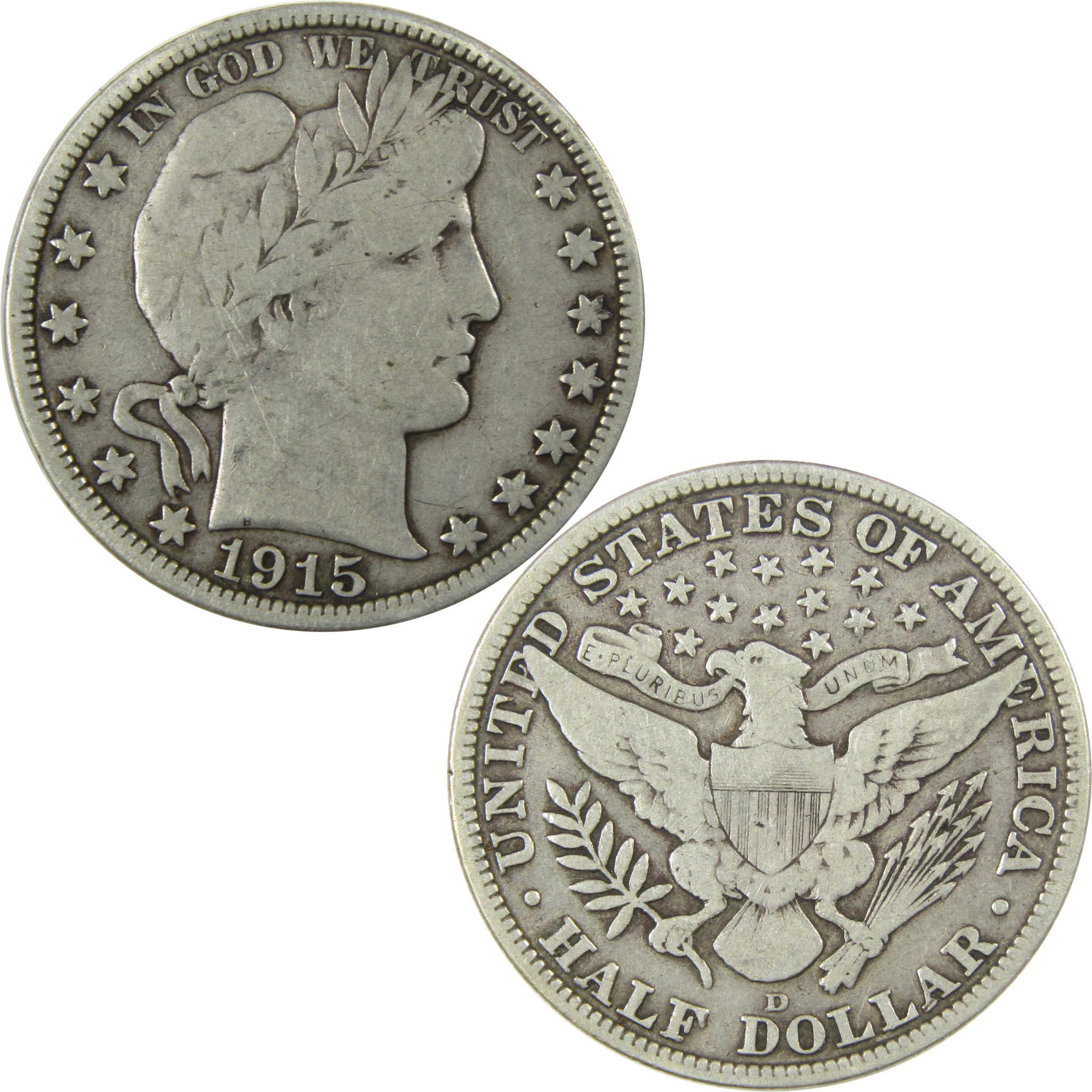 1915 D Barber Silver Half Dollar F Fine 50c Coin SKU:I25093