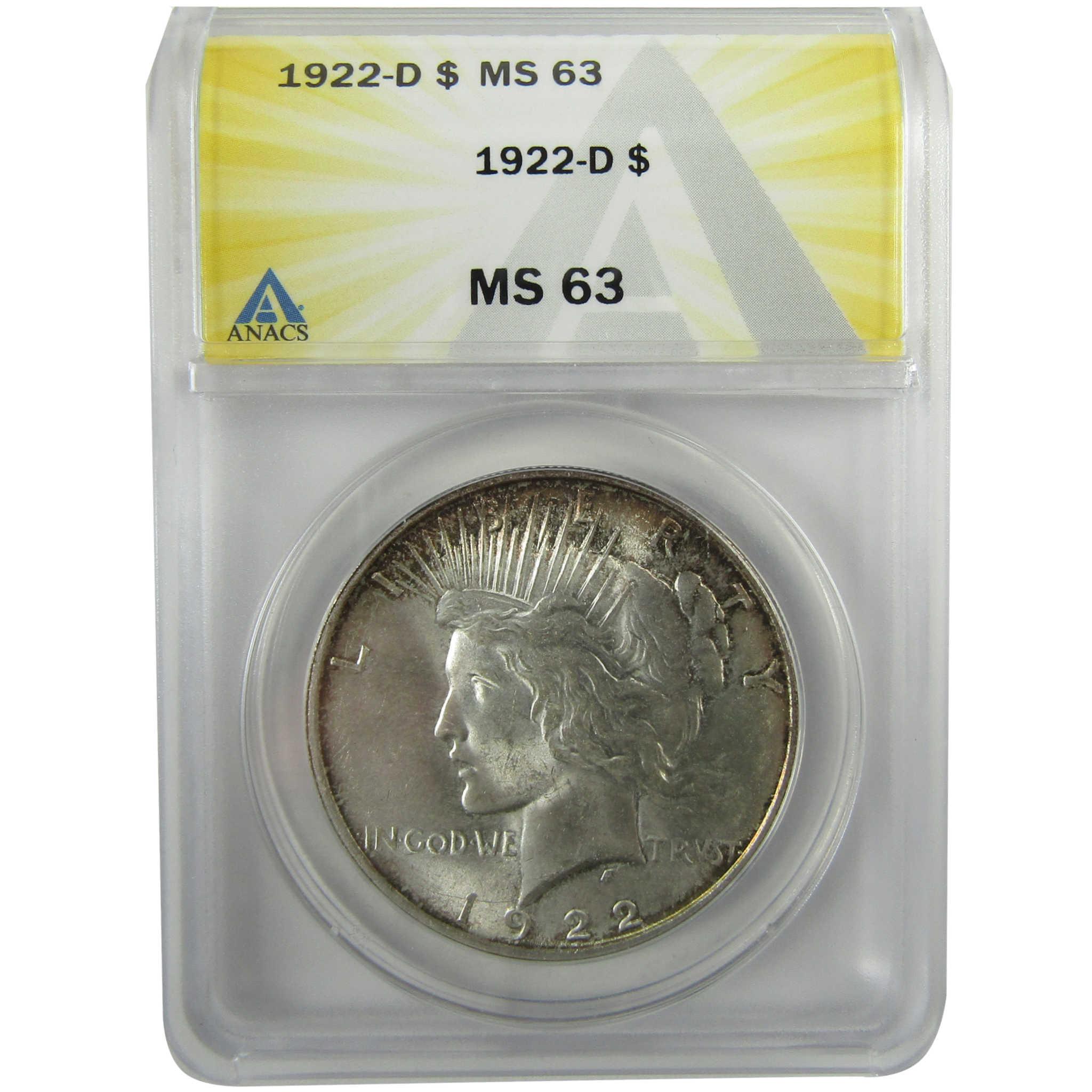 1922 D Peace Silver Dollar MS 63 ANACS Uncirculated $1 Coin SKU:I28008