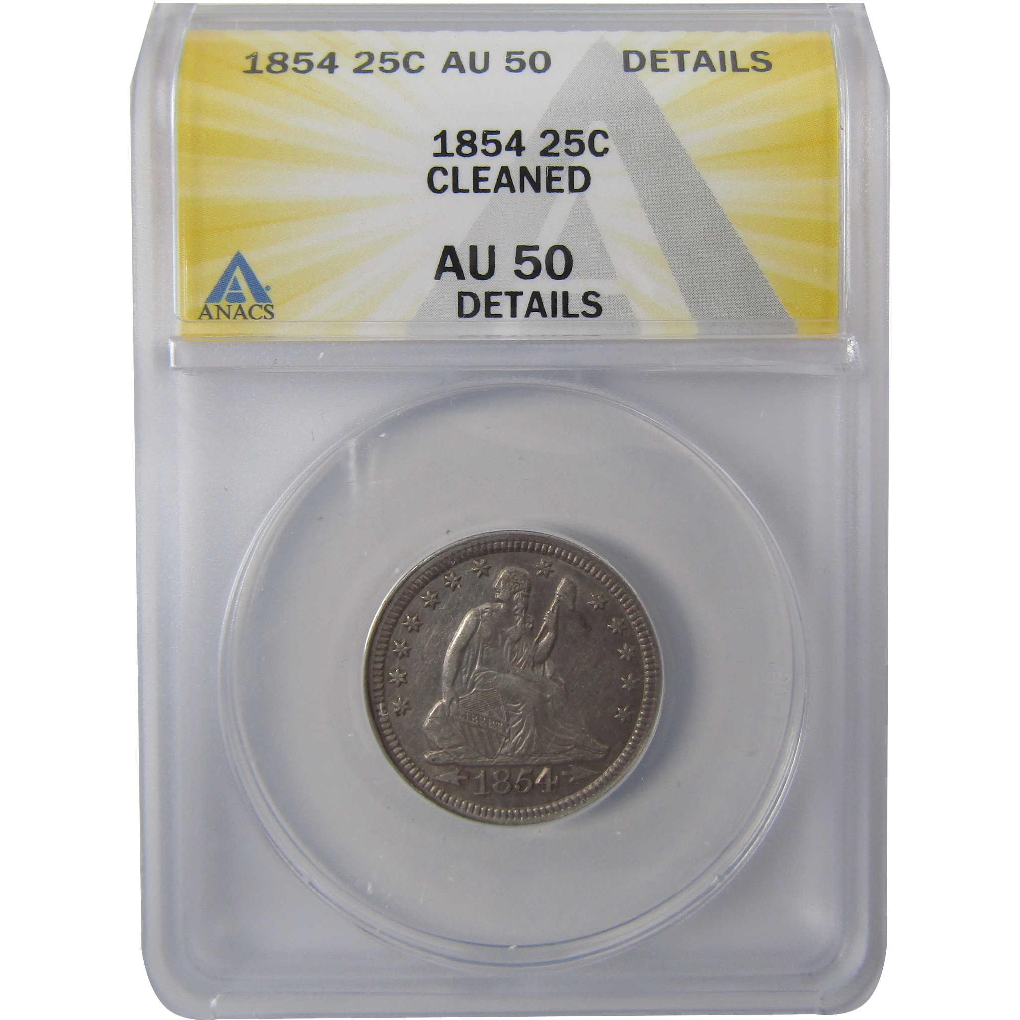 1854 Seated Liberty Silver Quarter AU 50 Details ANACS SKU:I24436