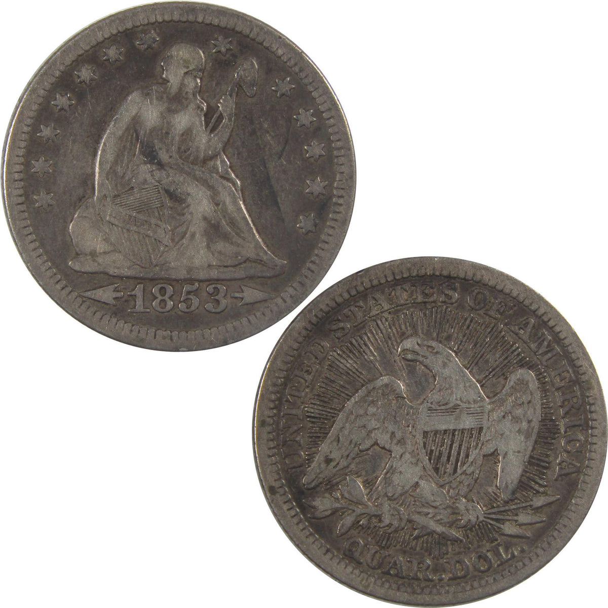 1853 Arrows and Rays Seated Liberty Silver 25c VF Very Fine SKU:I24611