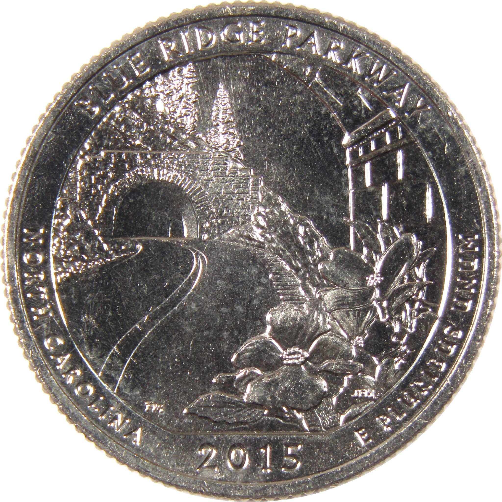 2015 Blue Ridge Parkway North Carolina quarter featuring scenic road, tunnel and dogwood flower