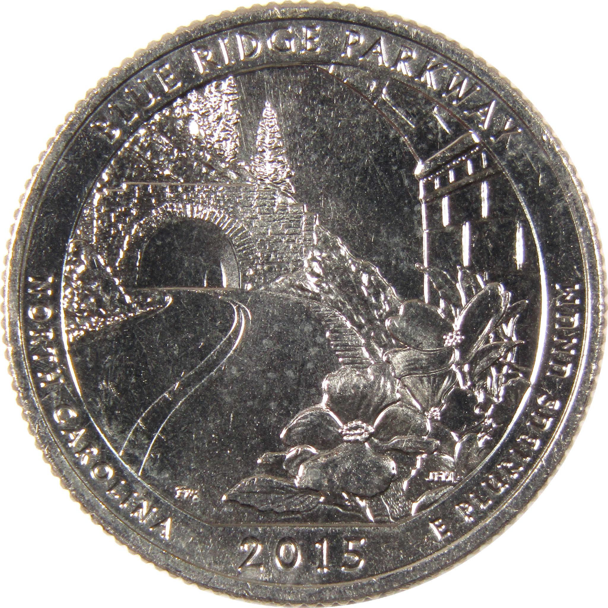 2015 Blue Ridge Parkway North Carolina quarter featuring scenic road, tunnel and dogwood flower