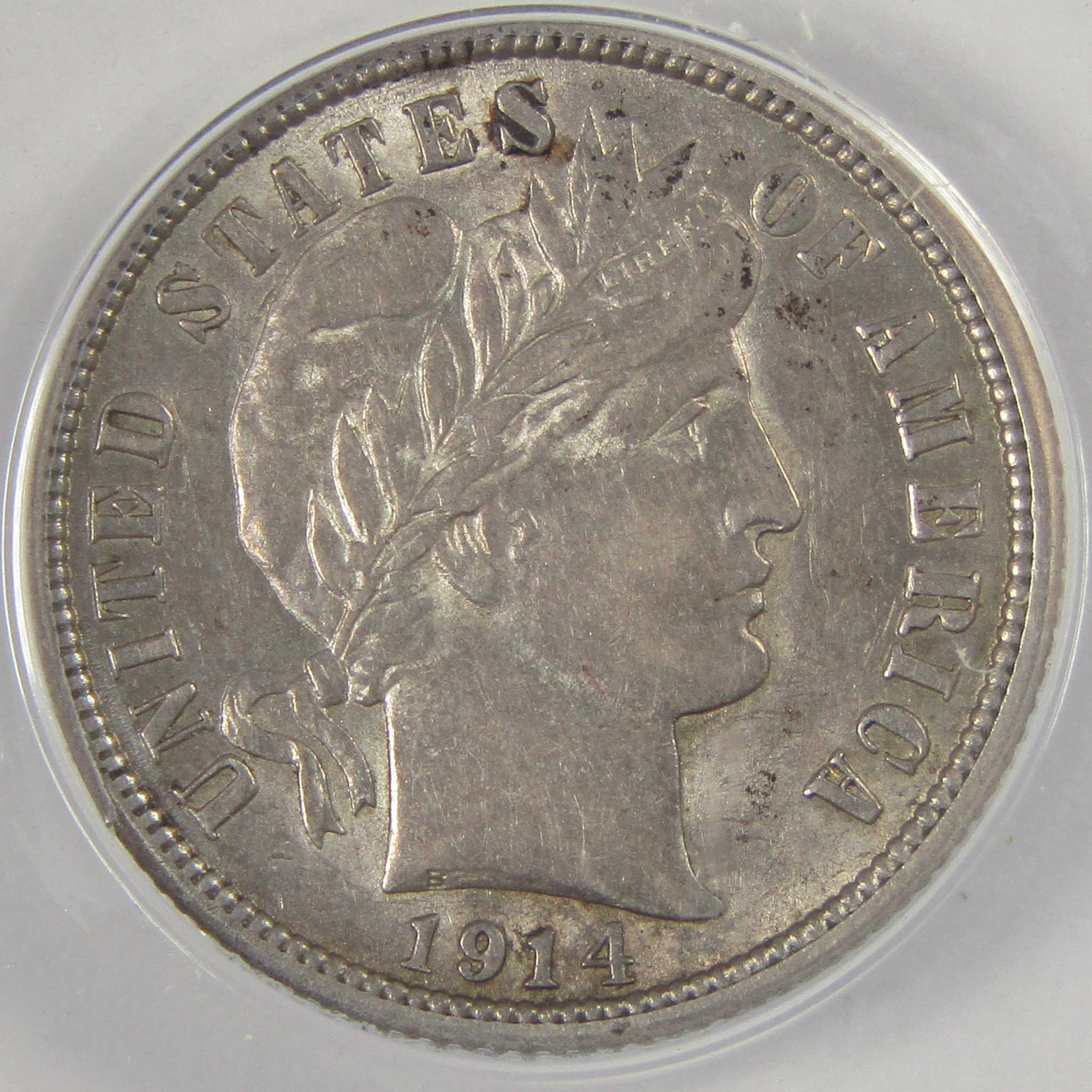1914 Barber Dime AU 55 ANACS Silver 10c Coin SKU:CPC0840