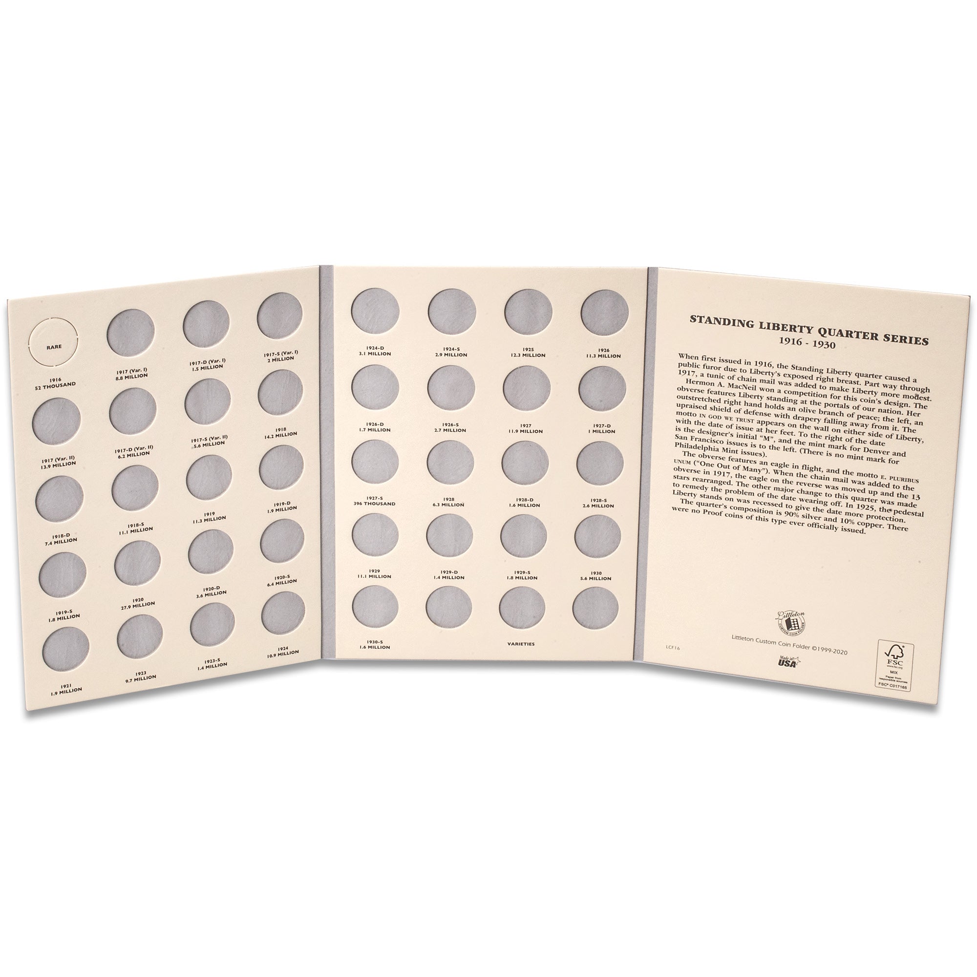 1916-1930 Standing Liberty Quarter Folder Littleton Coin Company