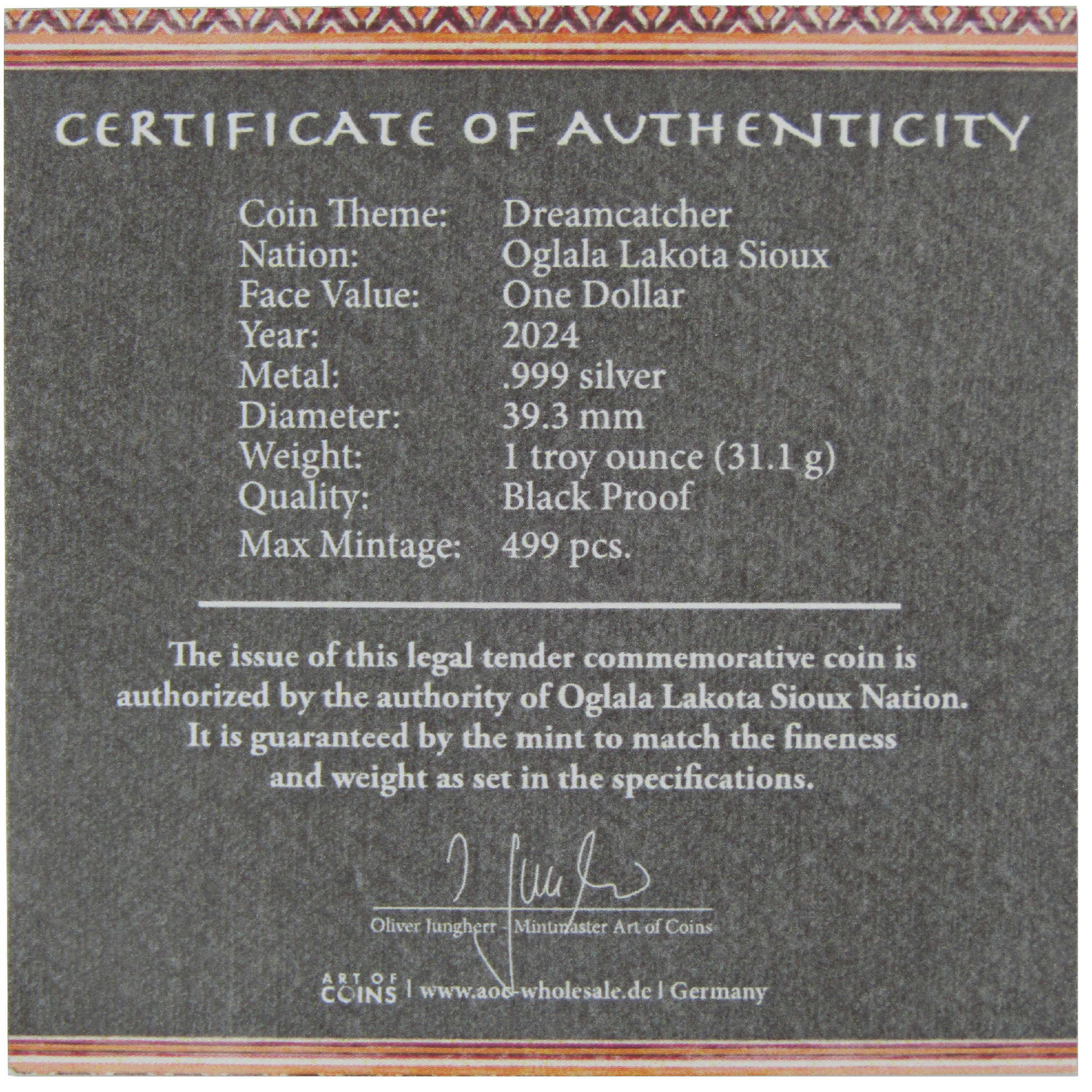 2024 Oglala Lakota Sioux Dreamcatcher 1 oz Silver Black Proof $1 COA