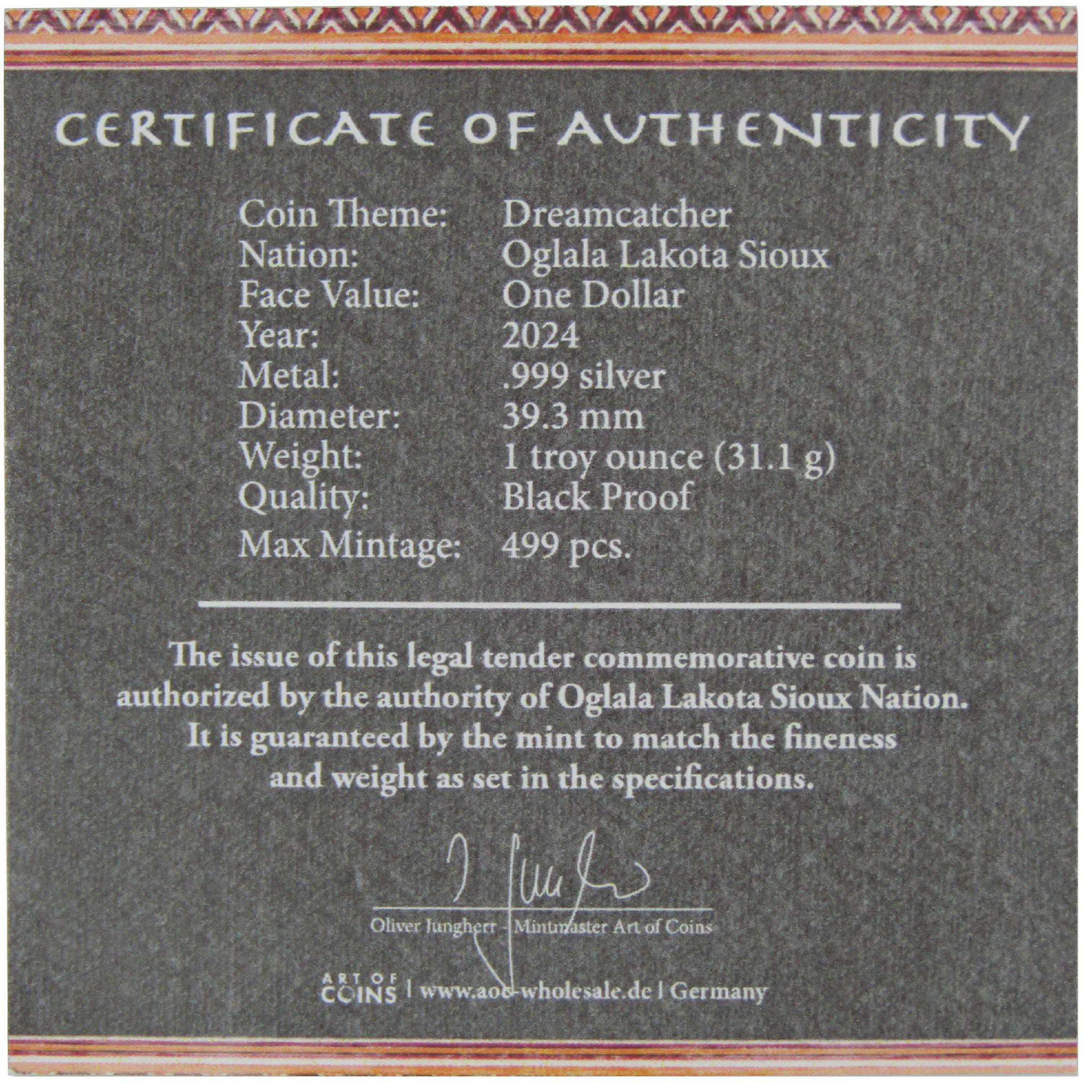 2024 Oglala Lakota Sioux Dreamcatcher 1 oz Silver Black Proof $1 COA