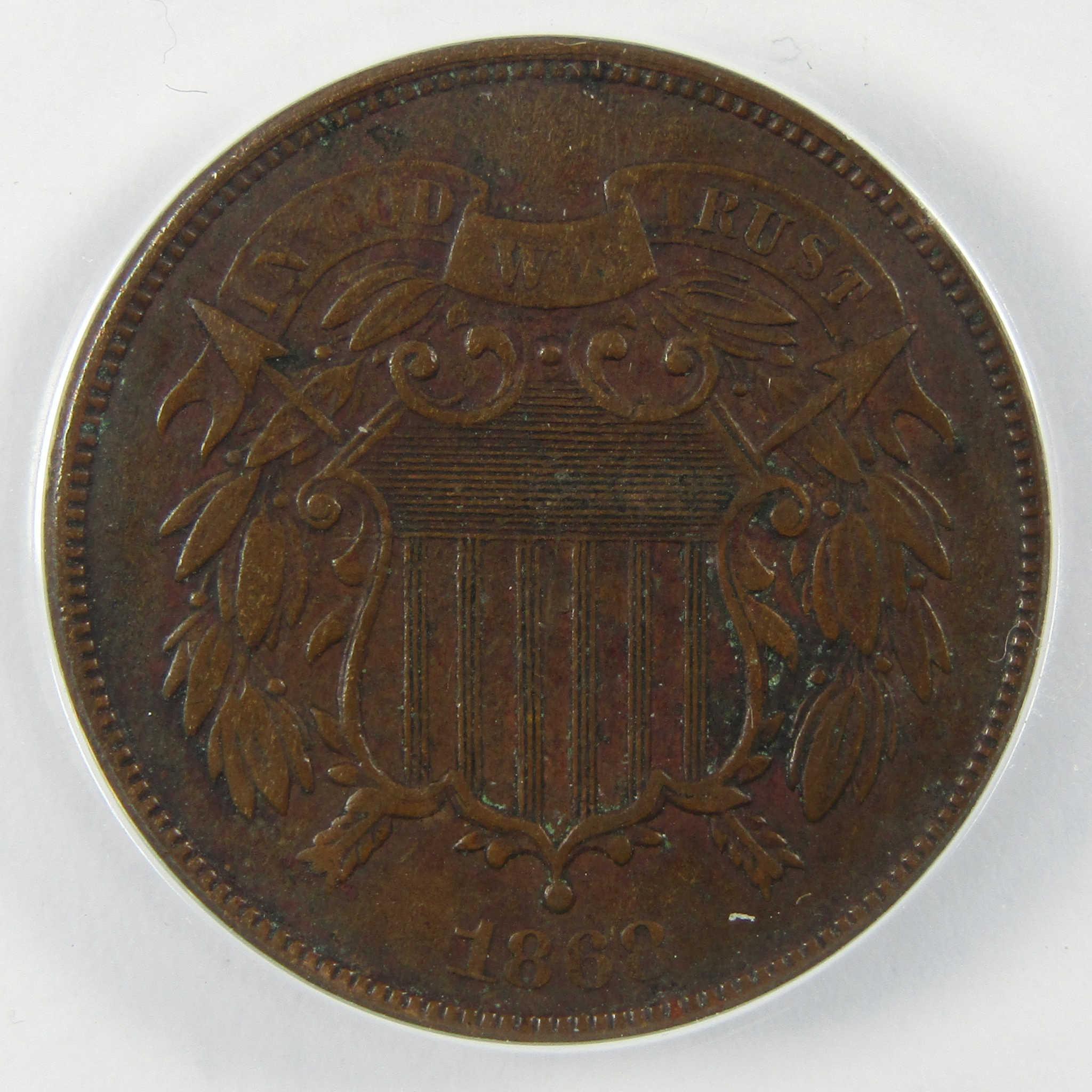 1868 Two Cent Piece AU 50 Details ANACS 2c Coin SKU:I24450
