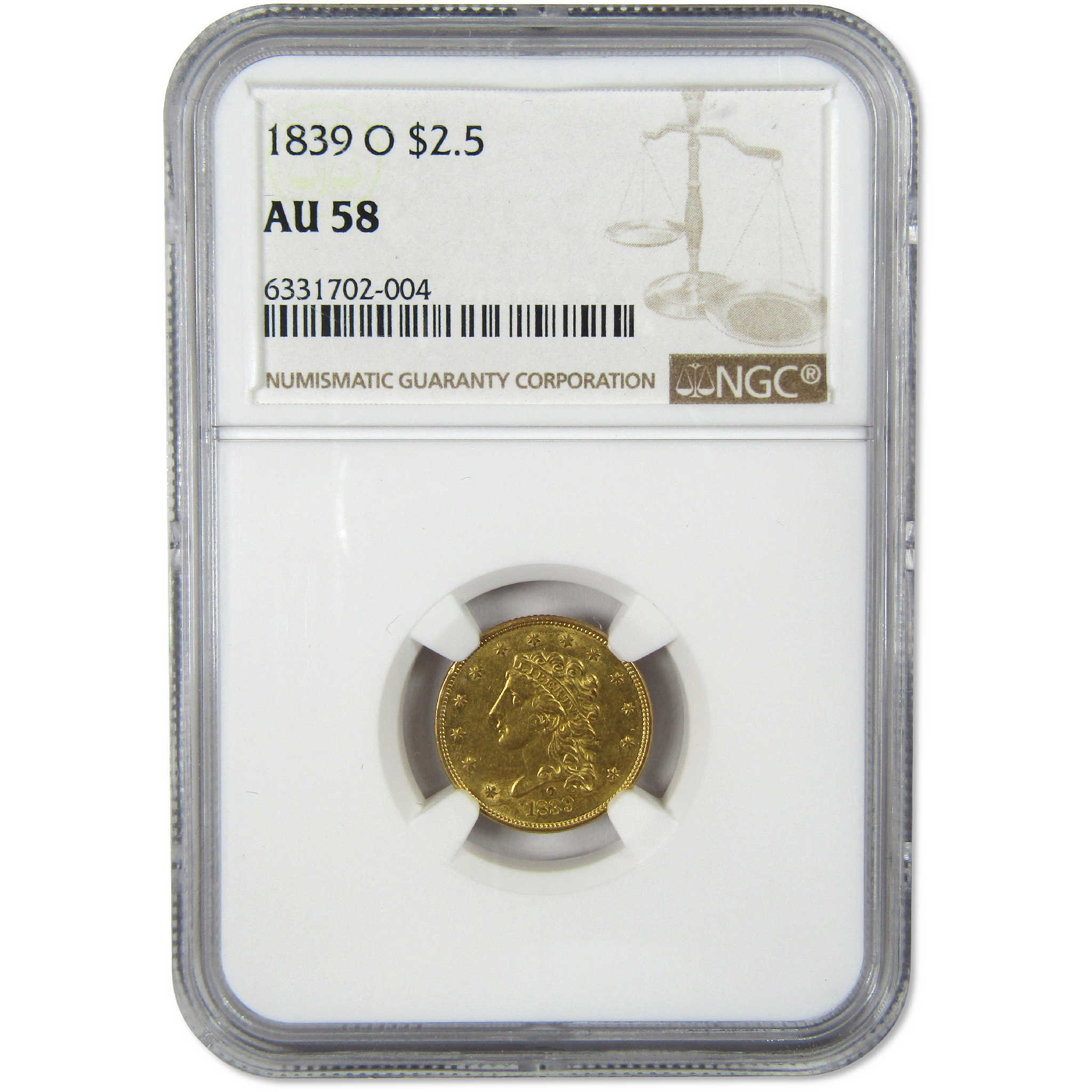 1839 O Classic Head Gold $2.50 Quarter Eagle AU 58 NGC Coin