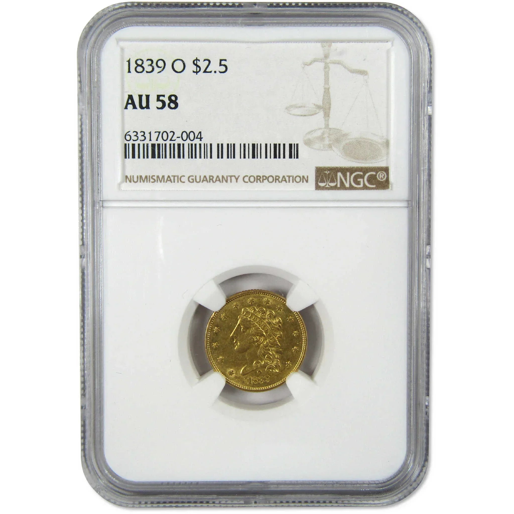 1839 O Classic Head Gold $2.50 Quarter Eagle AU 58 NGC Coin