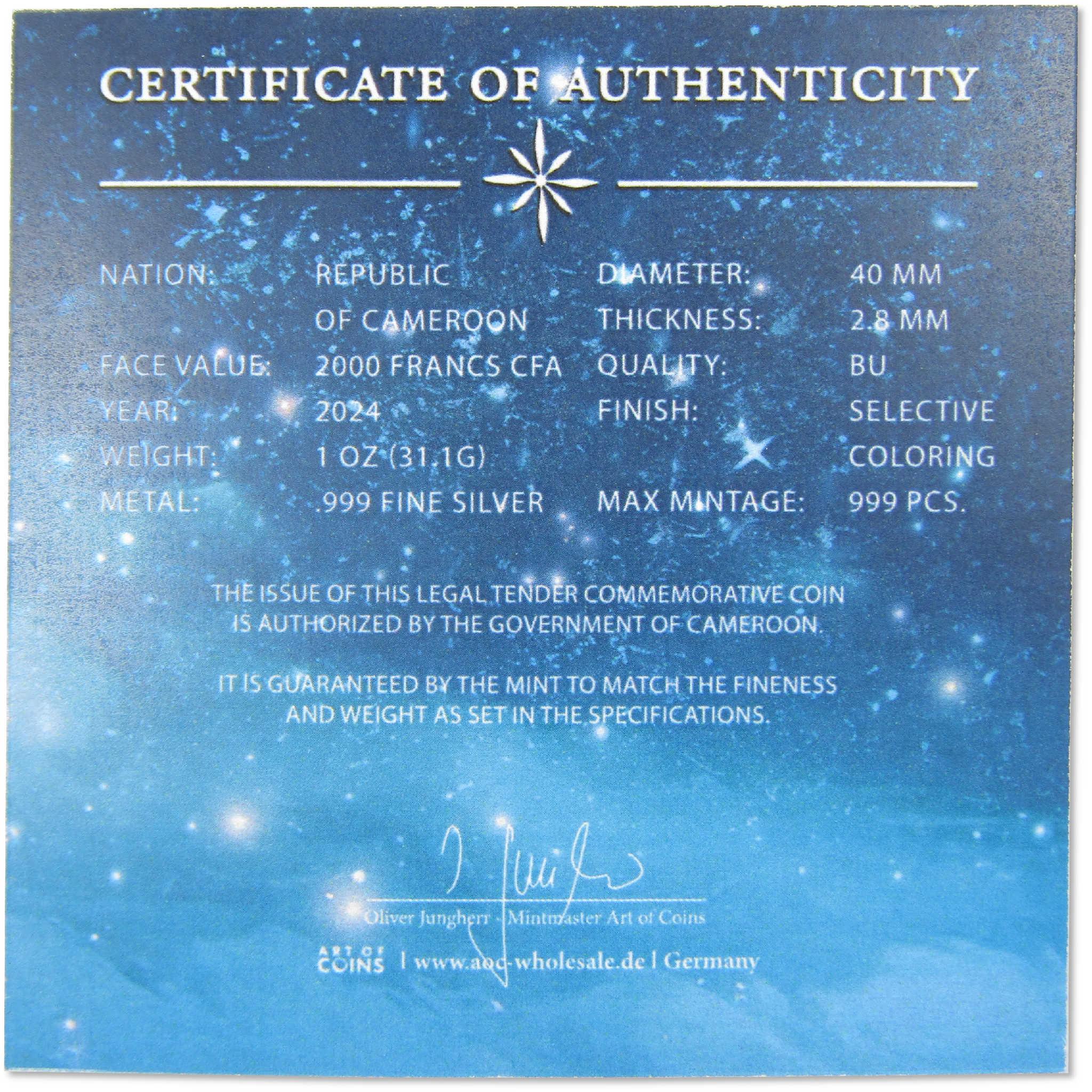 Santa Claus 2000 Franc CFA BU 1 oz .999 Silver Coin 2024 Cameroon COA