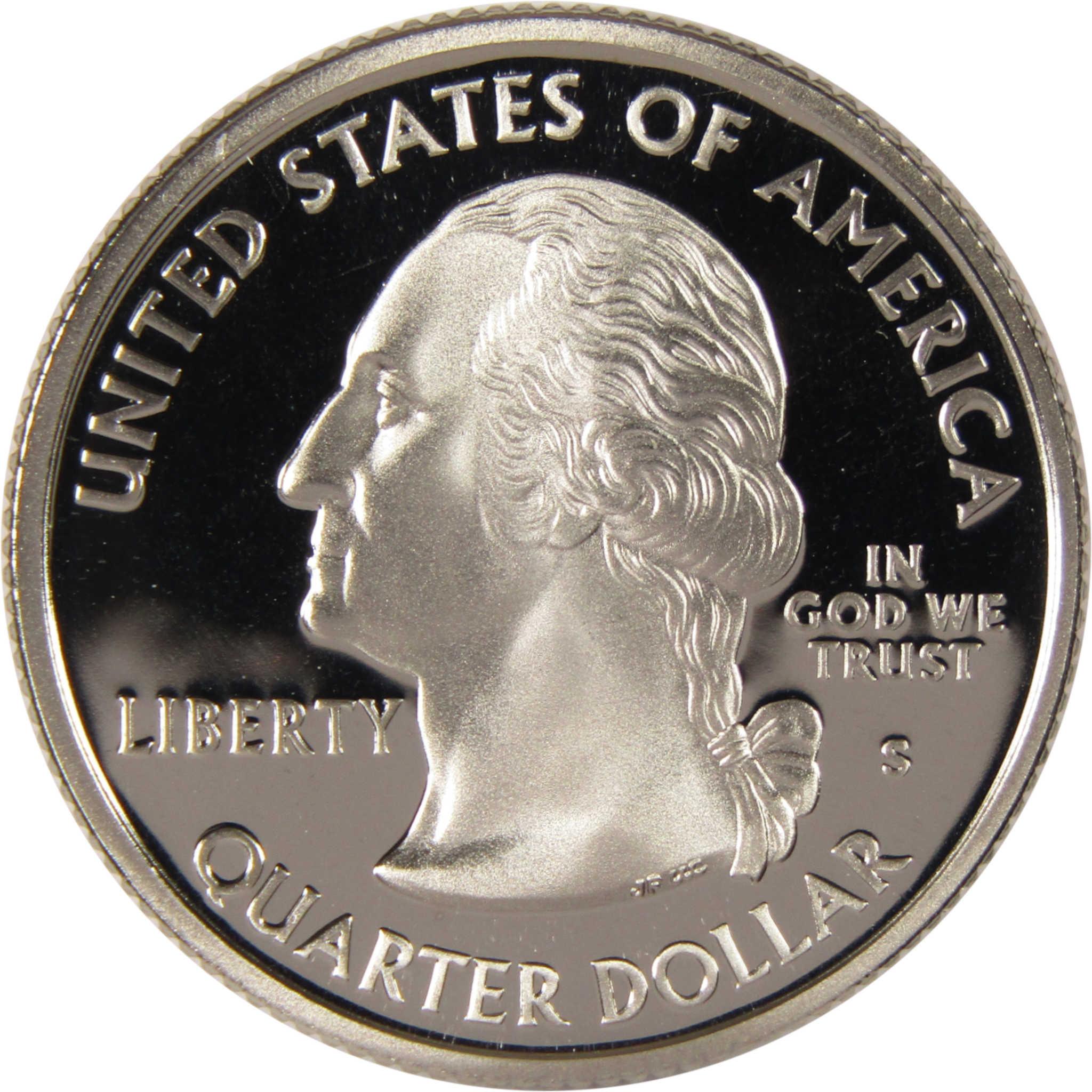 United States quarter dollar coin obverse, featuring George Washington profile, proof finish.