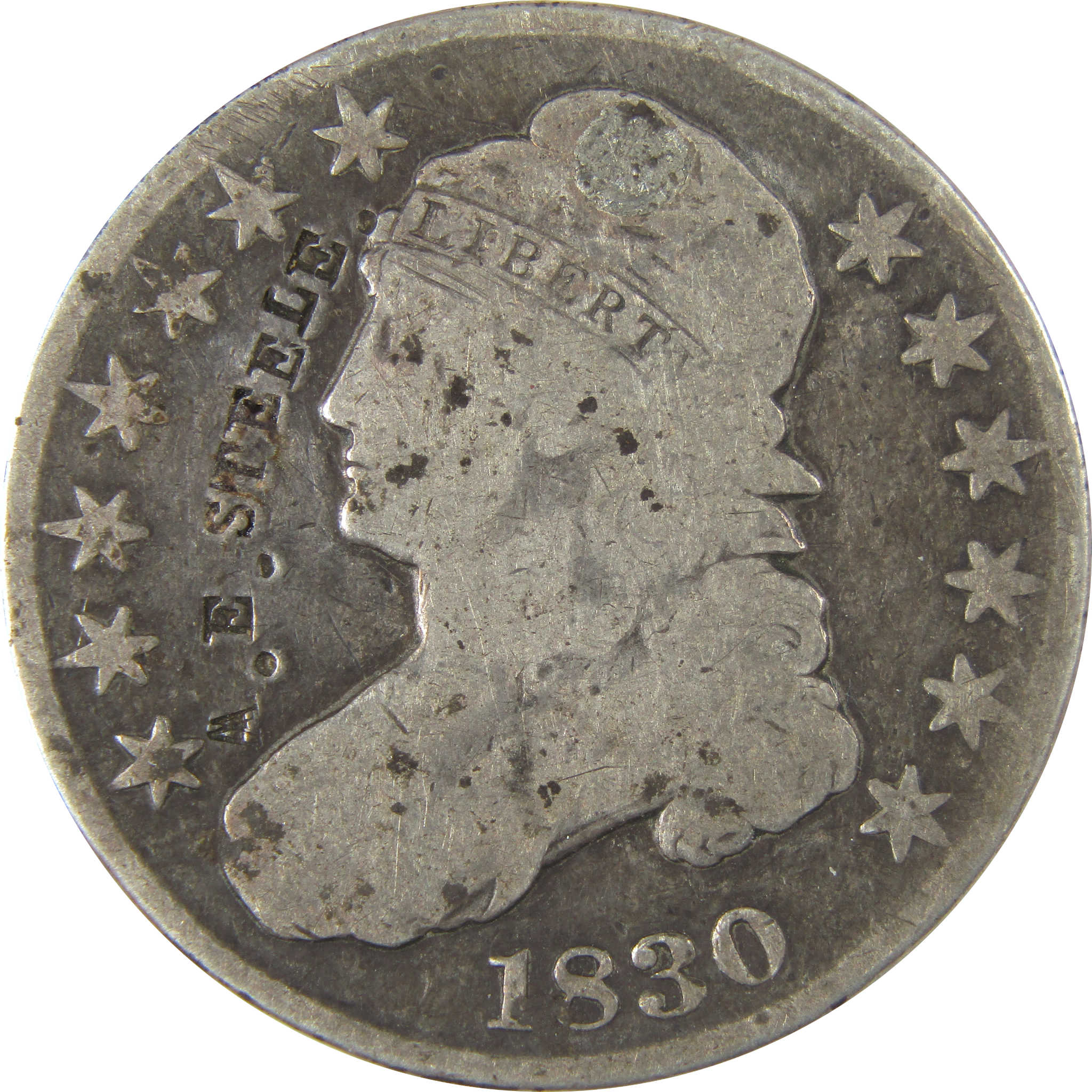 1830 Sm O Capped Bust 50C VG Silv Counterstamp A.E.STEELE. SKU:I22757