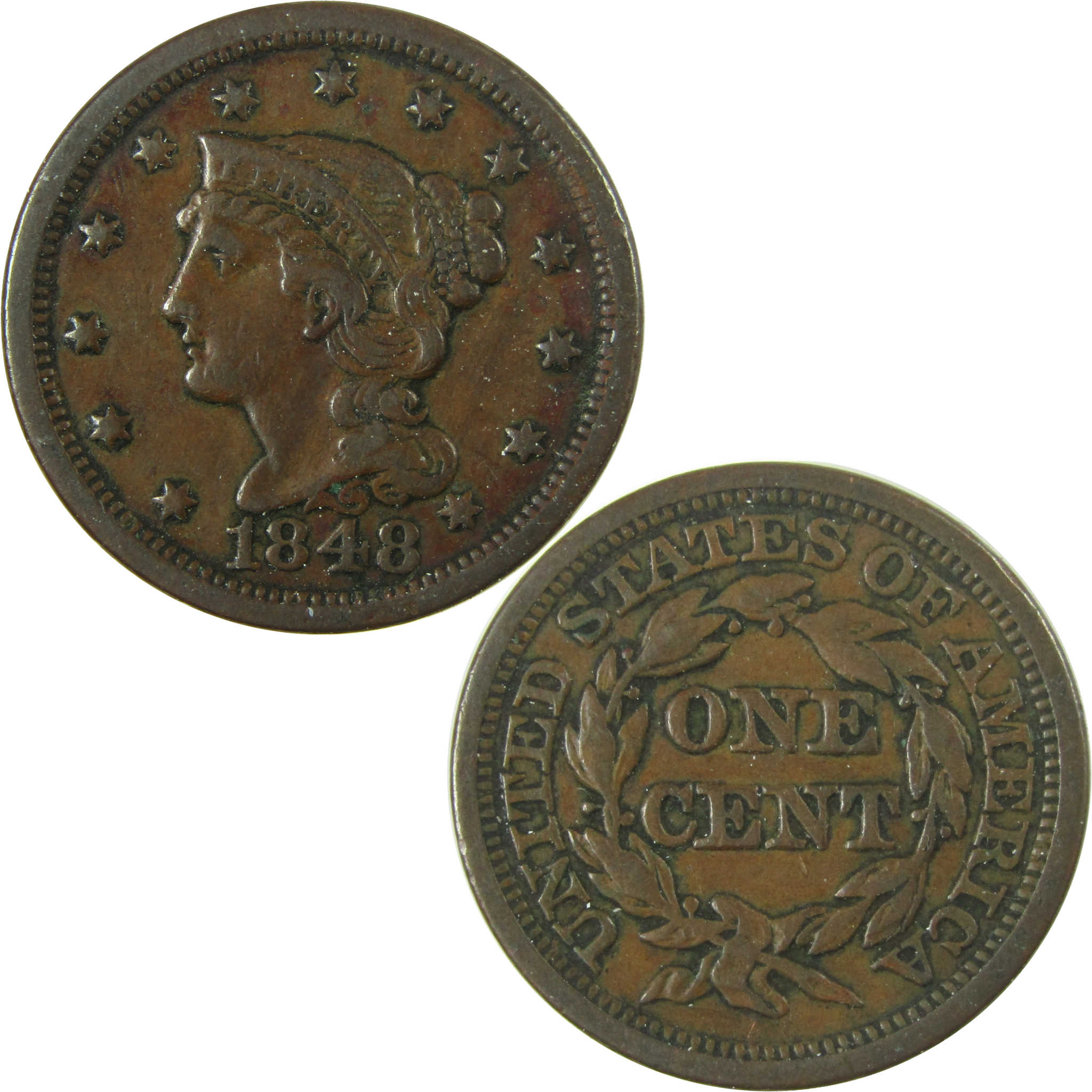 1848 Braided Hair Copper Large Cent F Fine Penny 1c Coin SKU:I27861