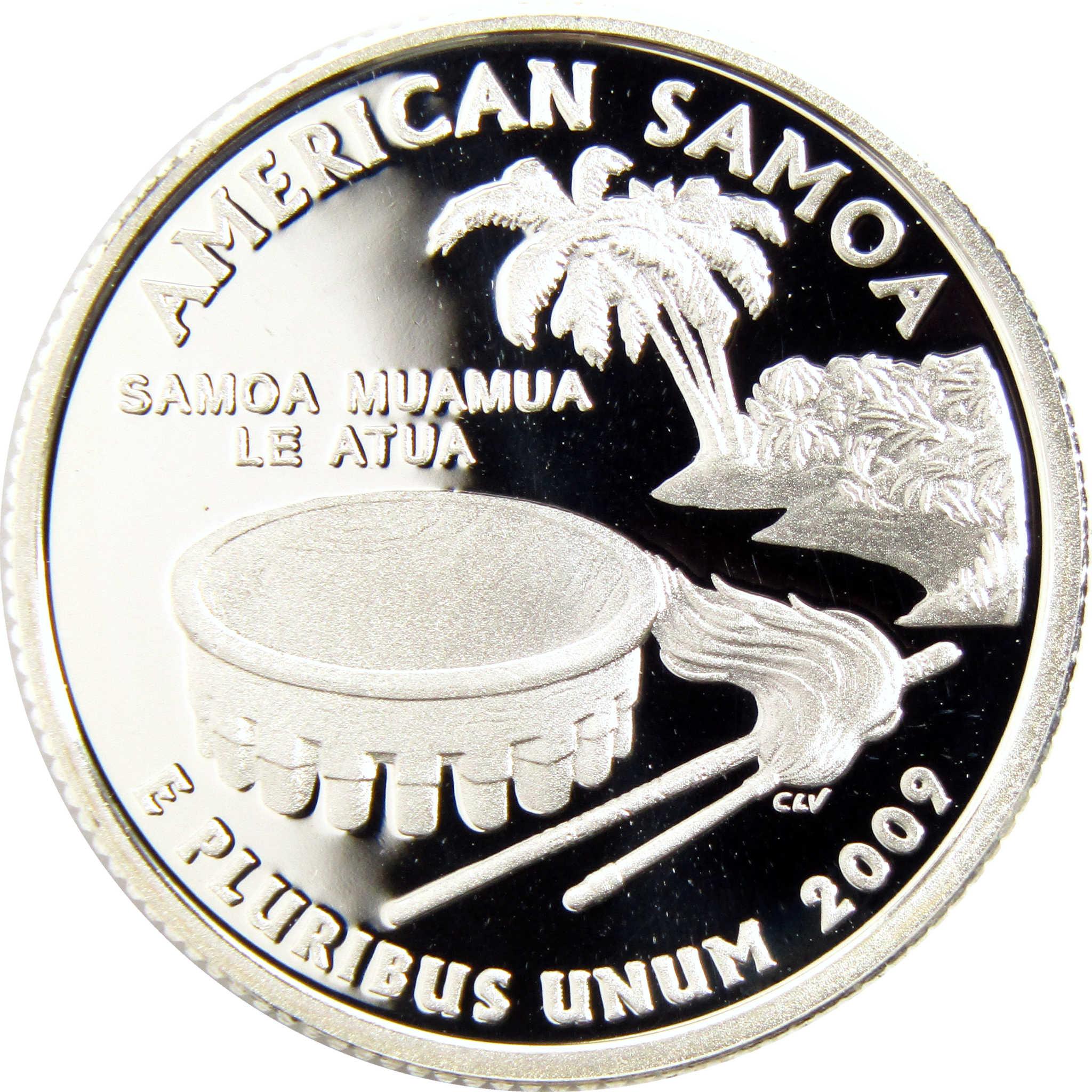 2009 American Samoa quarter coin with kava bowl, whisk, staff, and palm trees design