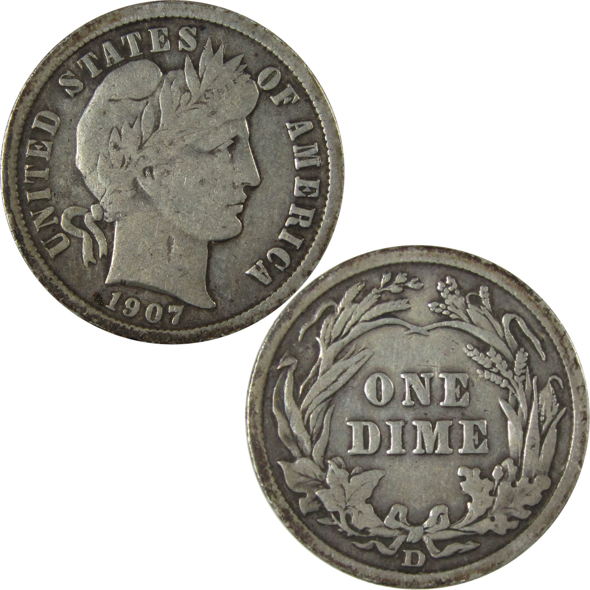 1907 D Barber Silver Dime F Fine Details 10c Coin SKU:CP1016