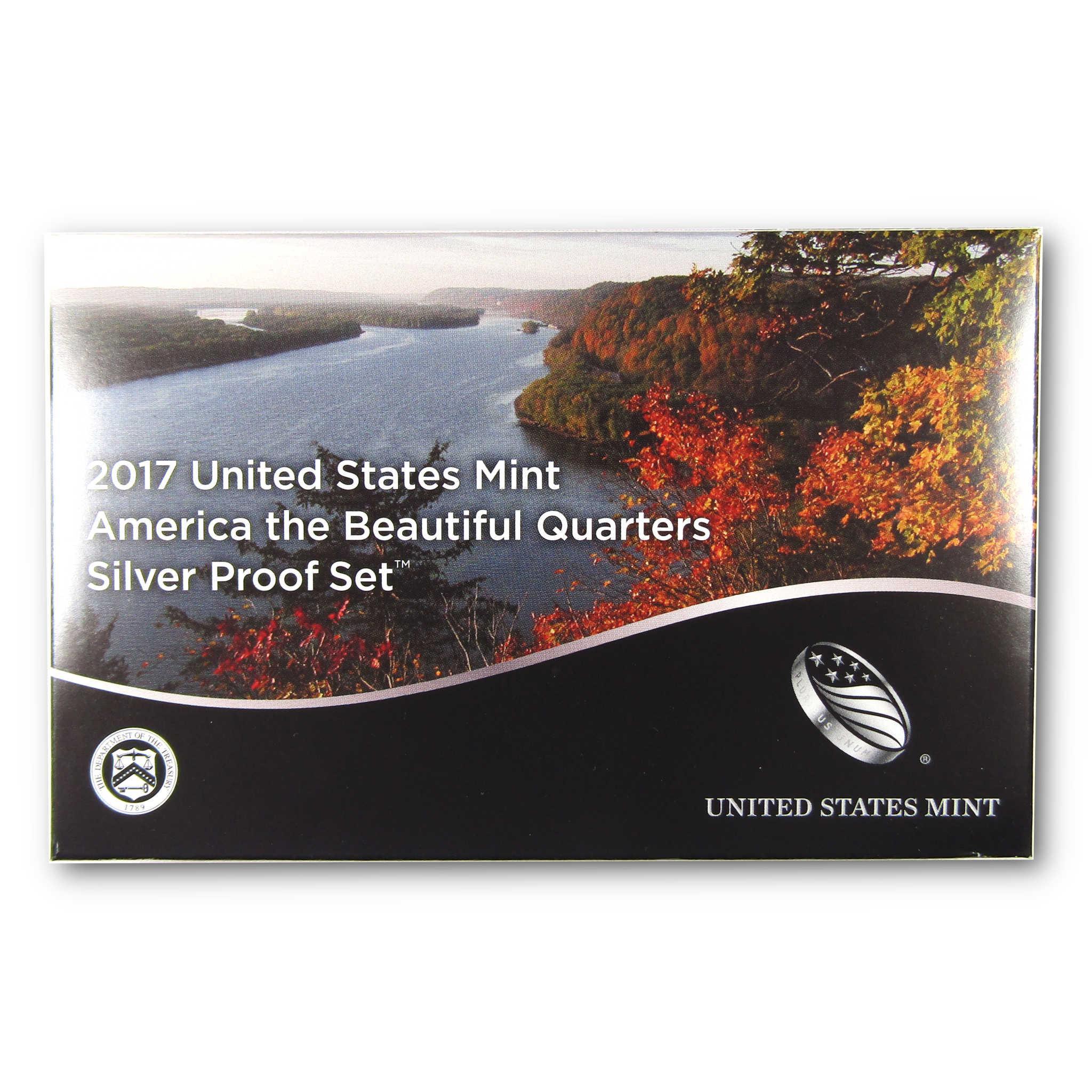 2017 United States Mint America the Beautiful Quarters Silver Proof Set box with river and autumn trees