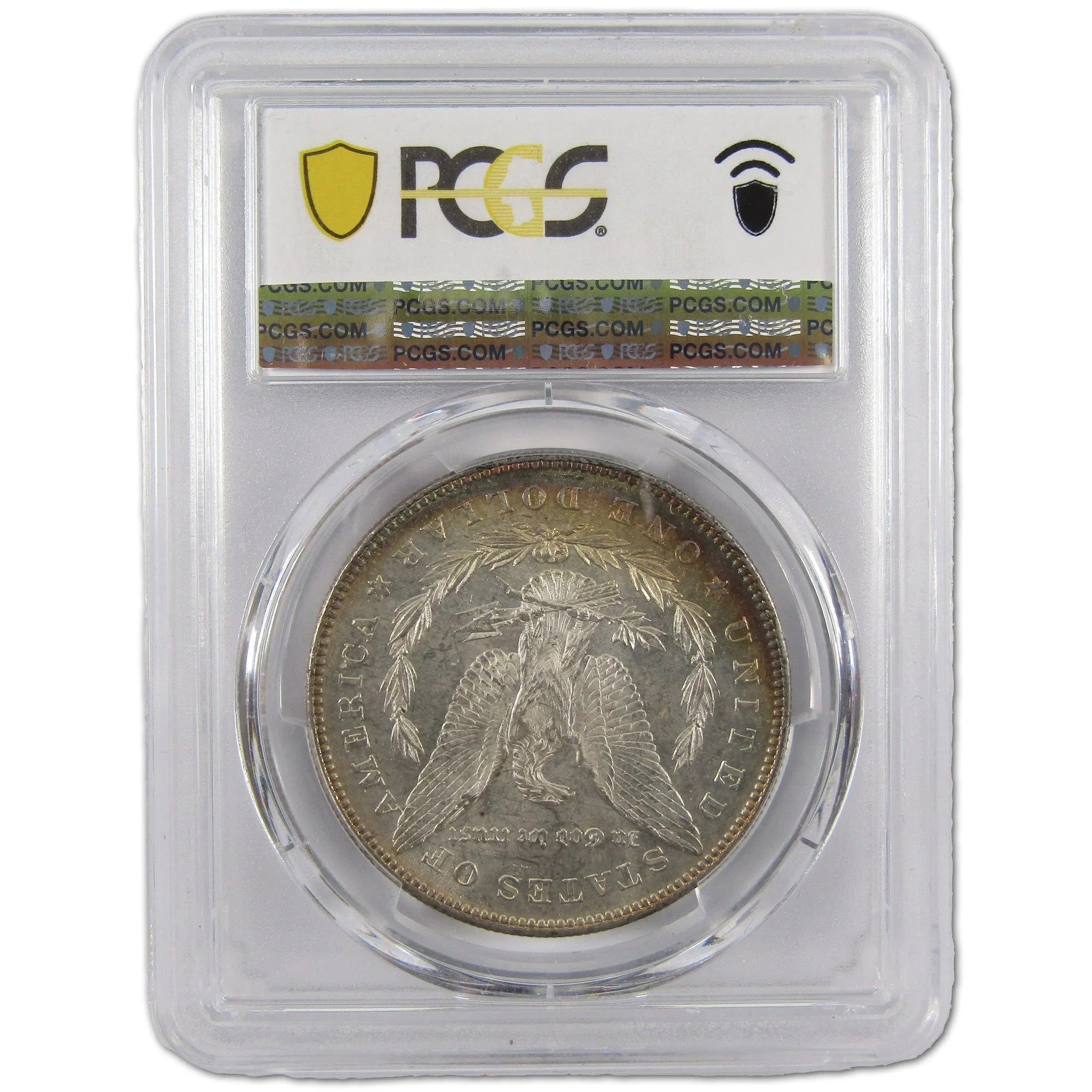 Certified collectible silver dollar coin with eagle design in PCGS graded holder