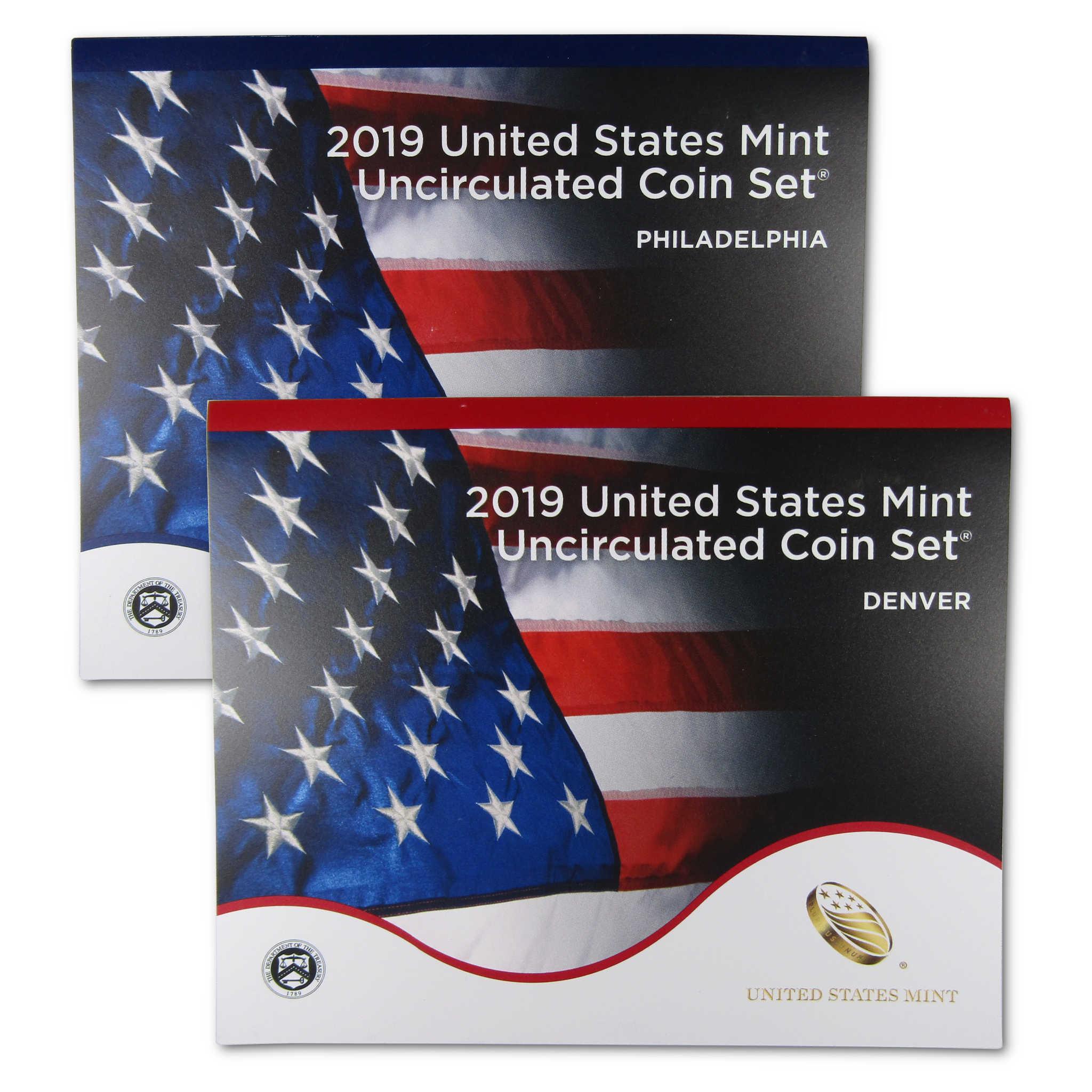 2019 United States Mint uncirculated coin set Philadelphia and Denver with American flag design