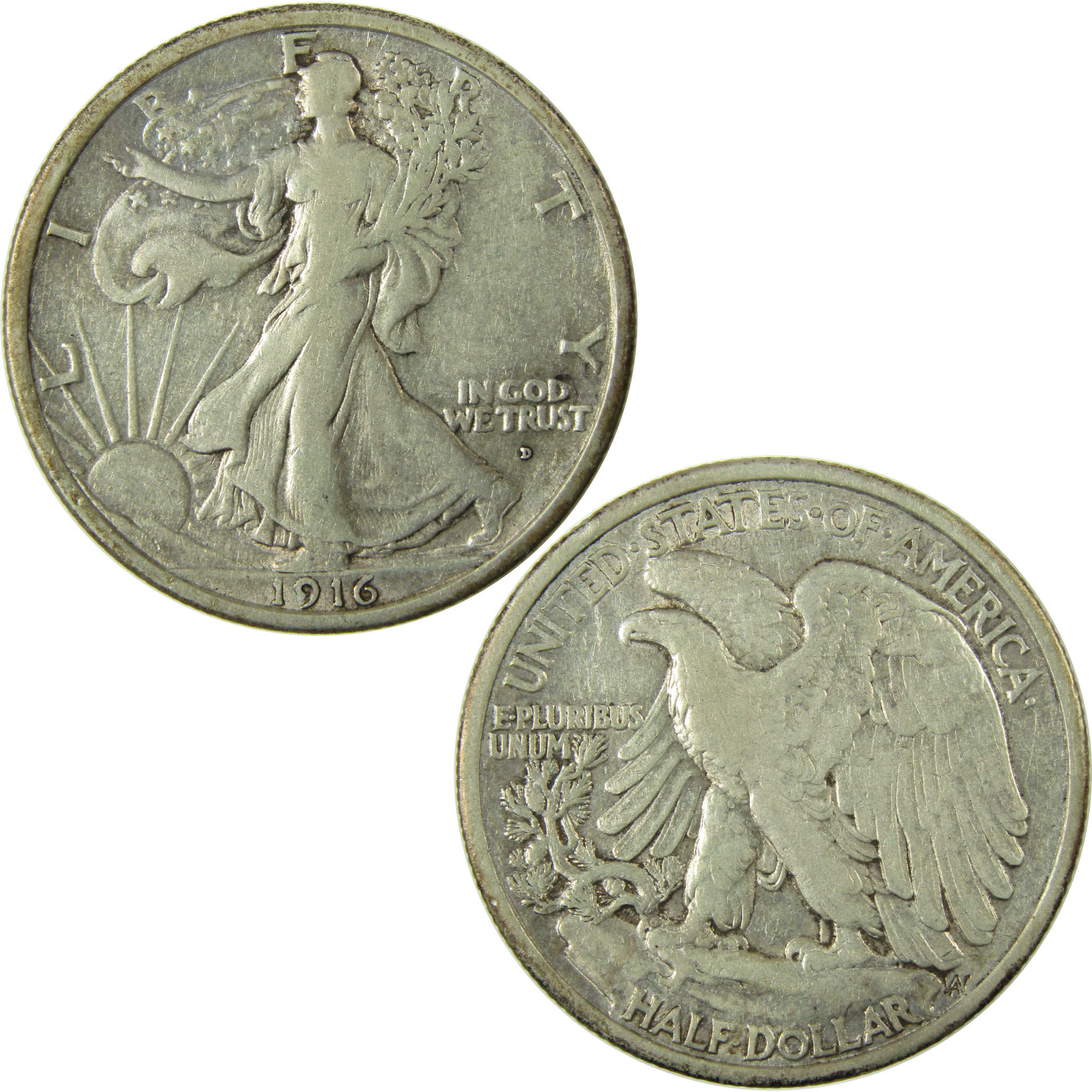 1916 D Liberty Walking Silver Half Dollar VF Very Fine SKU:I27505