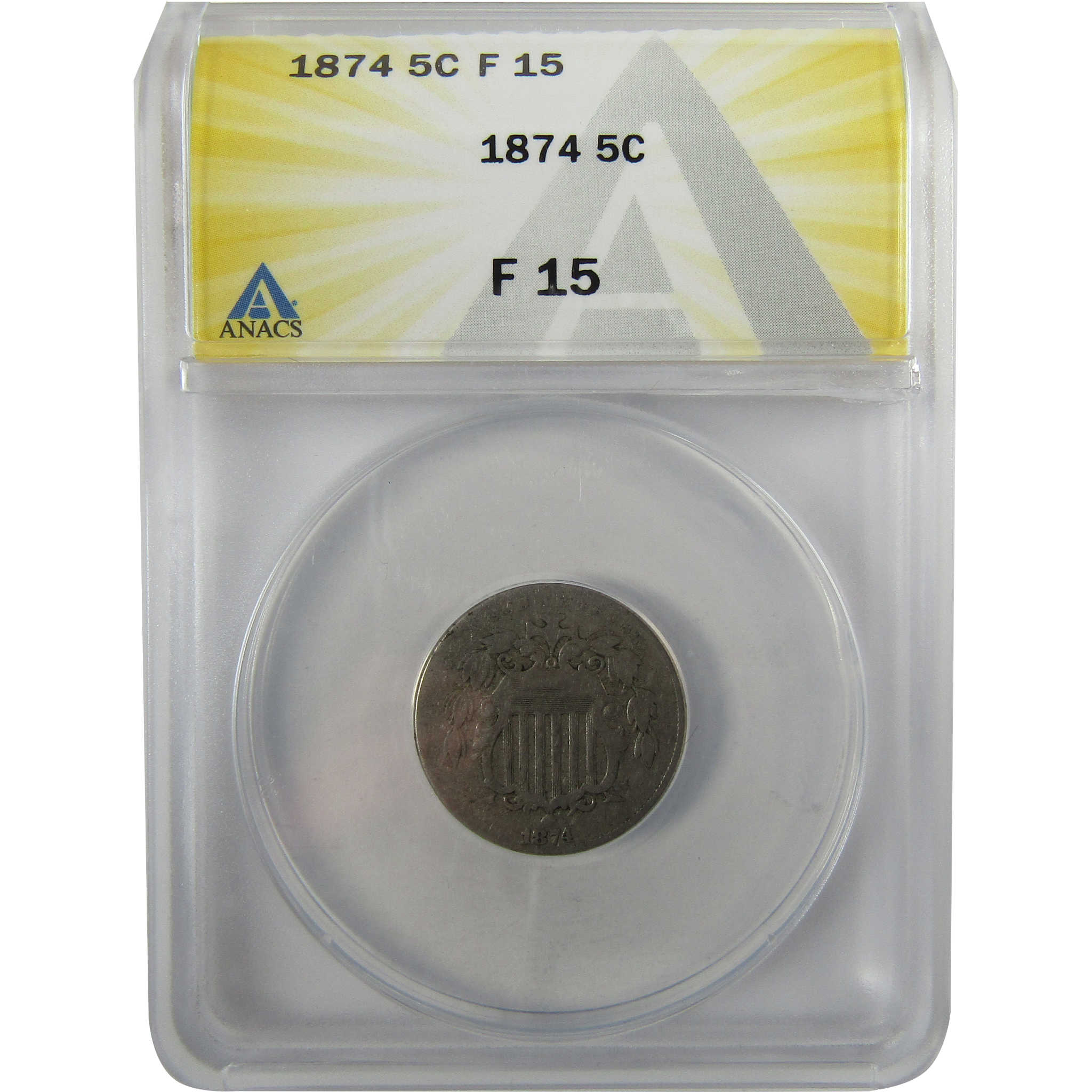 1874 Shield Nickel F 15 ANACS 5c Coin Collectible SKU:I28037