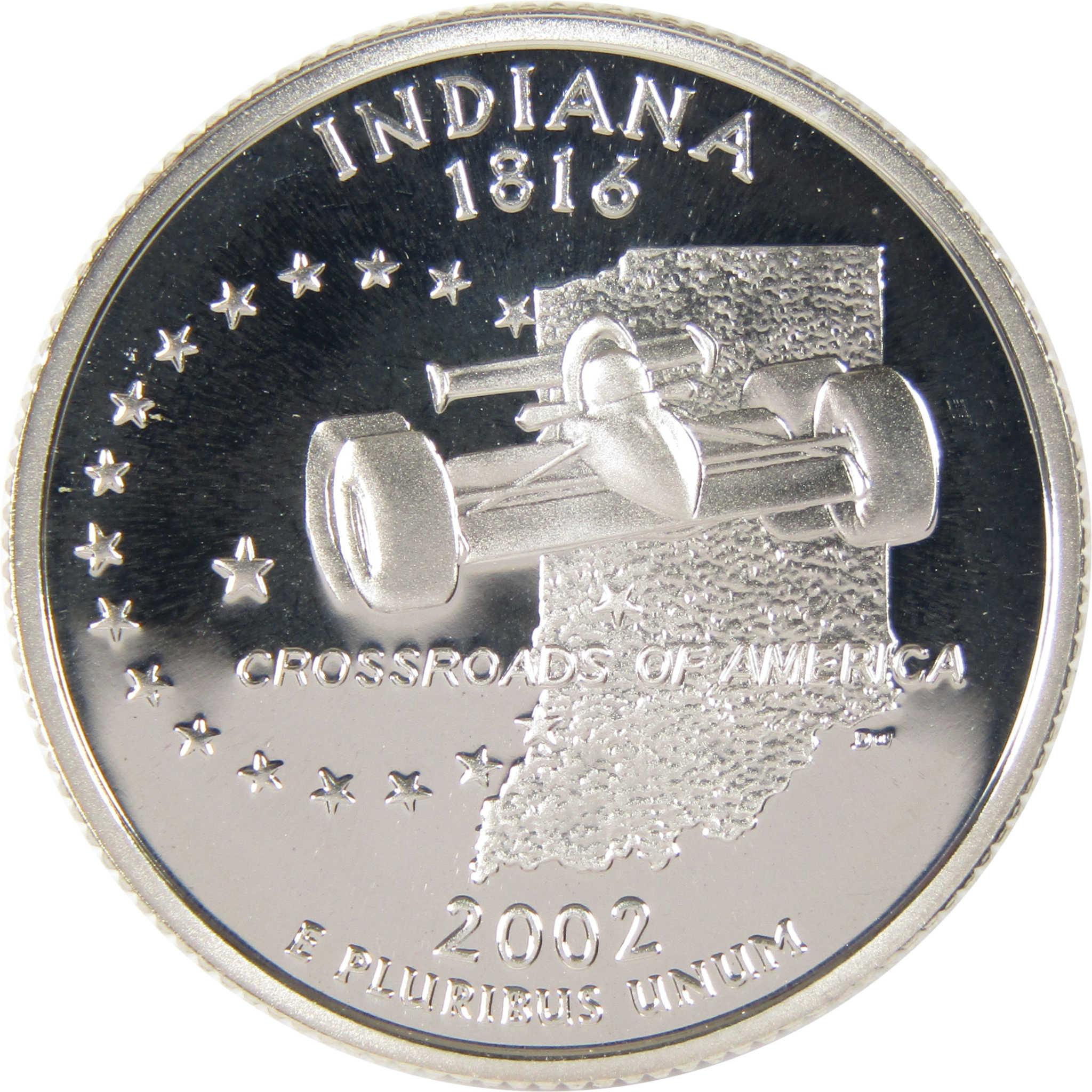 2002 Indiana state quarter featuring IndyCar and engraved Crossroads of America design