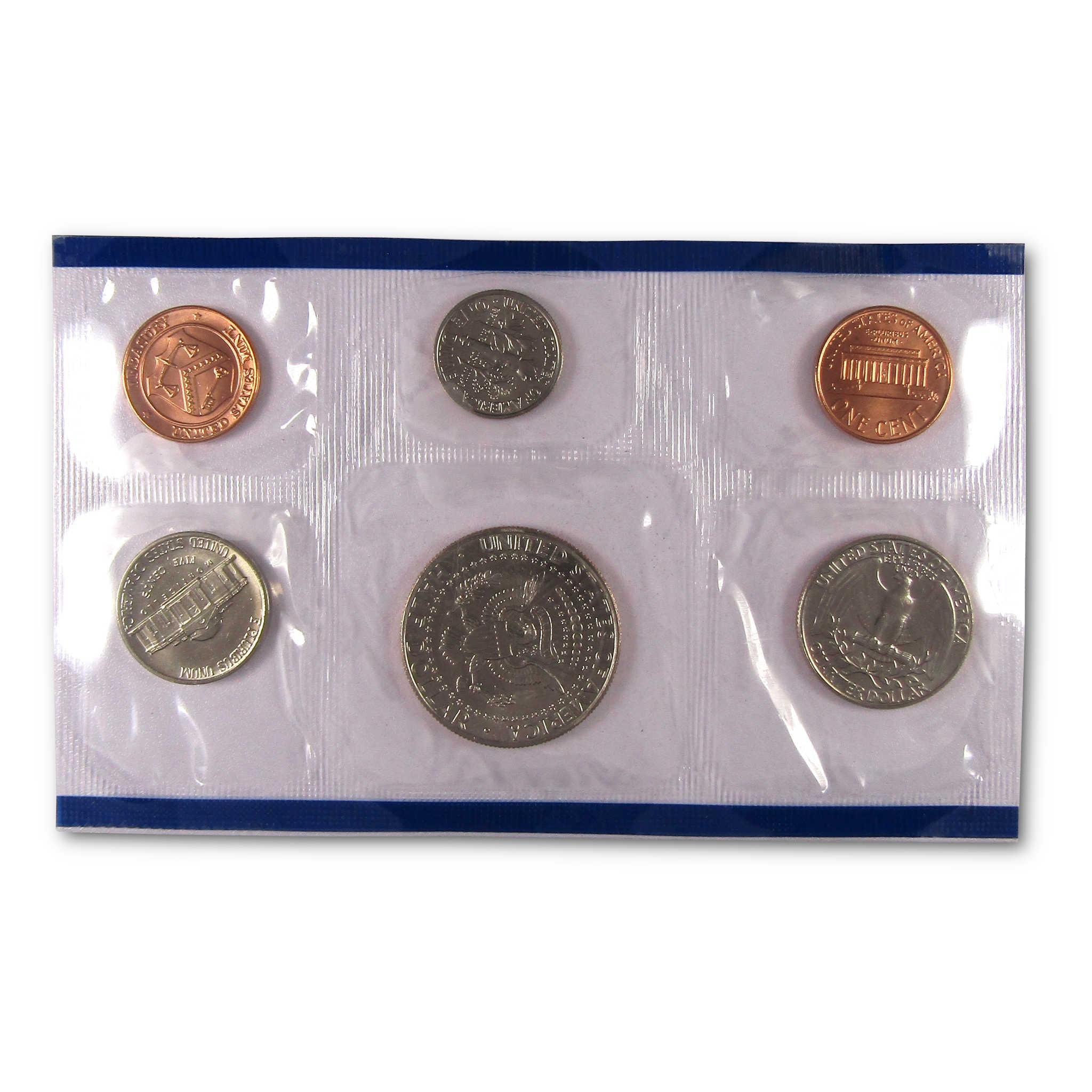 Uncirculated US coin set sealed in plastic, featuring pennies, nickels, dimes, quarters