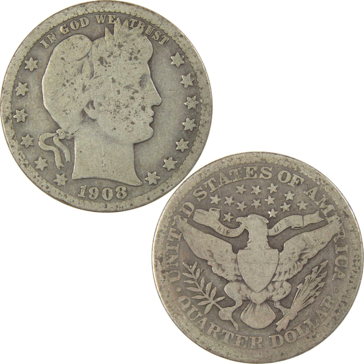 1908 Barber Silver Quarter G Good 25c Coin Collectible