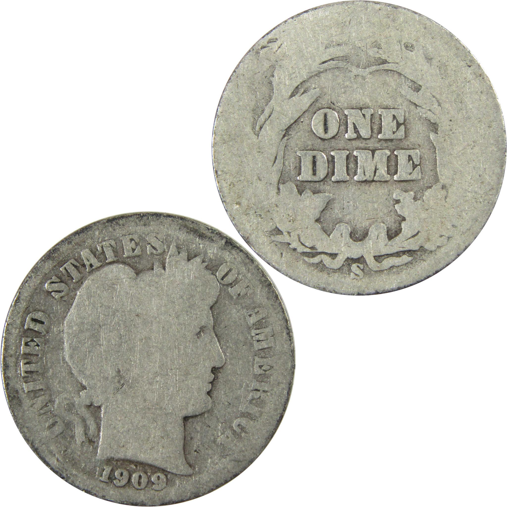 1909 S Barber Silver Dime AG About Good 10c Coin Collectible SKU:CP711