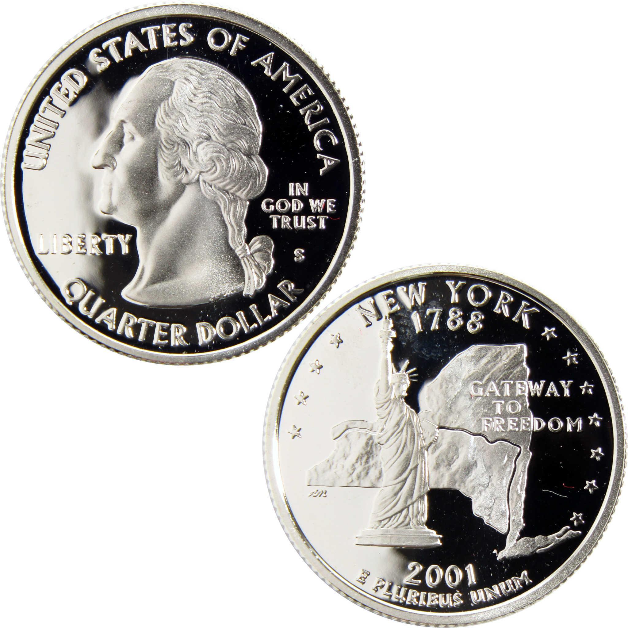 2001 New York state quarter collectible coin, featuring George Washington and Statue of Liberty designs.
