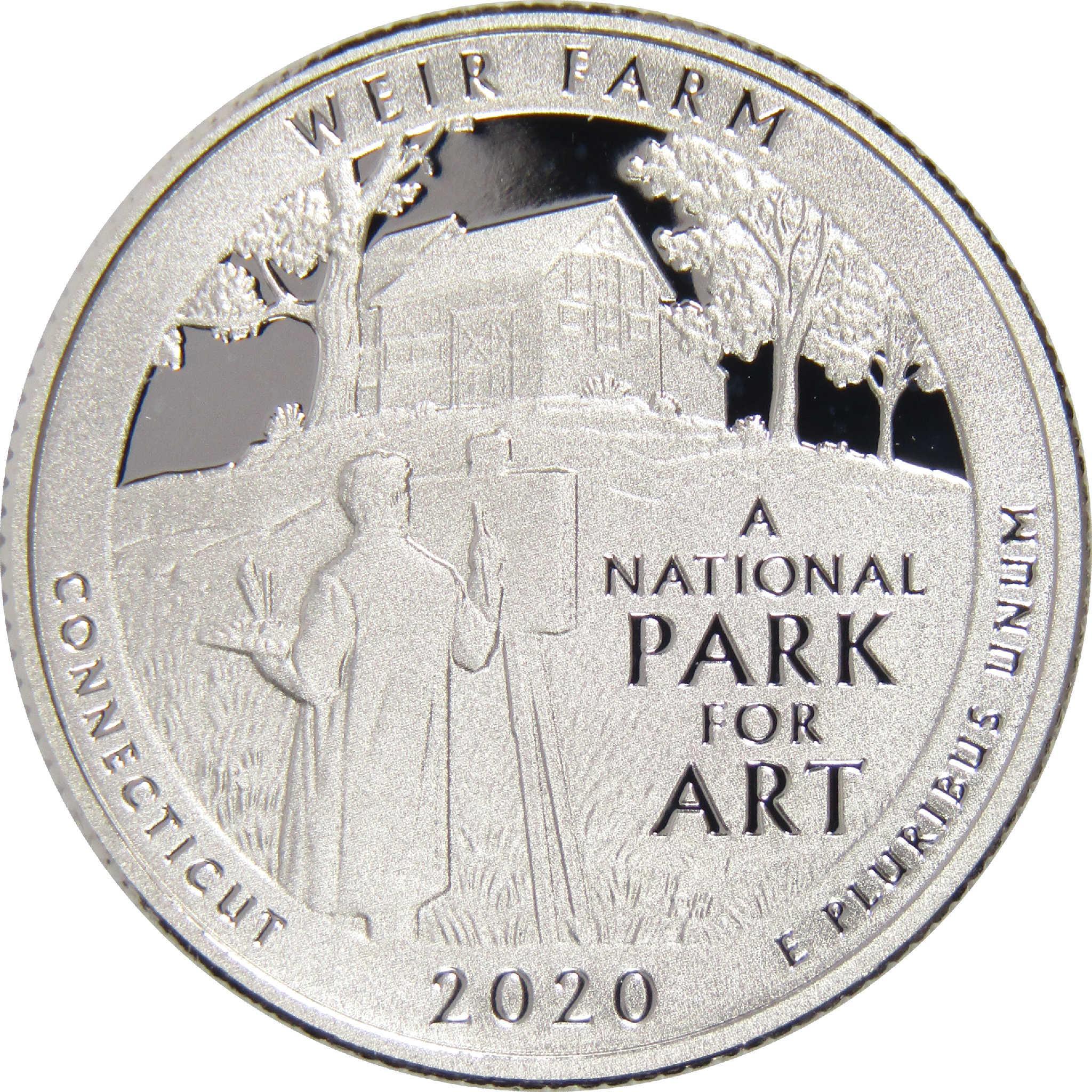 2020 Weir Farm Connecticut quarter featuring artist painting a historic house surrounded by trees.