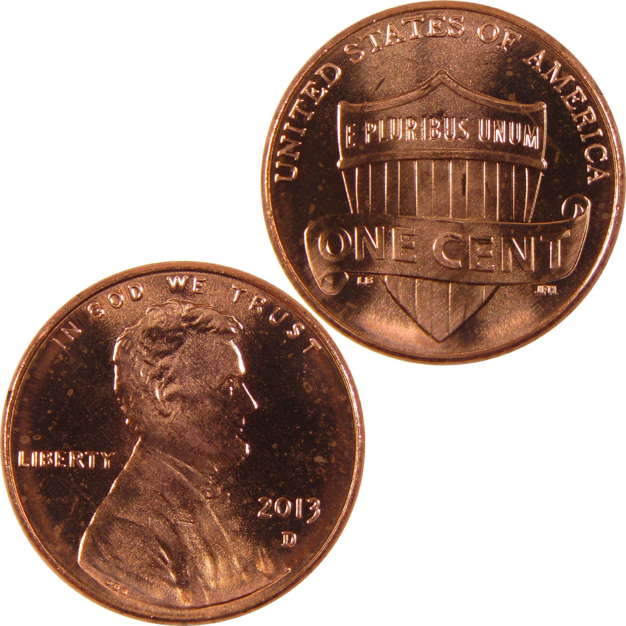 2013 Lincoln Shield penny, collectible US one cent coin, obverse and reverse views