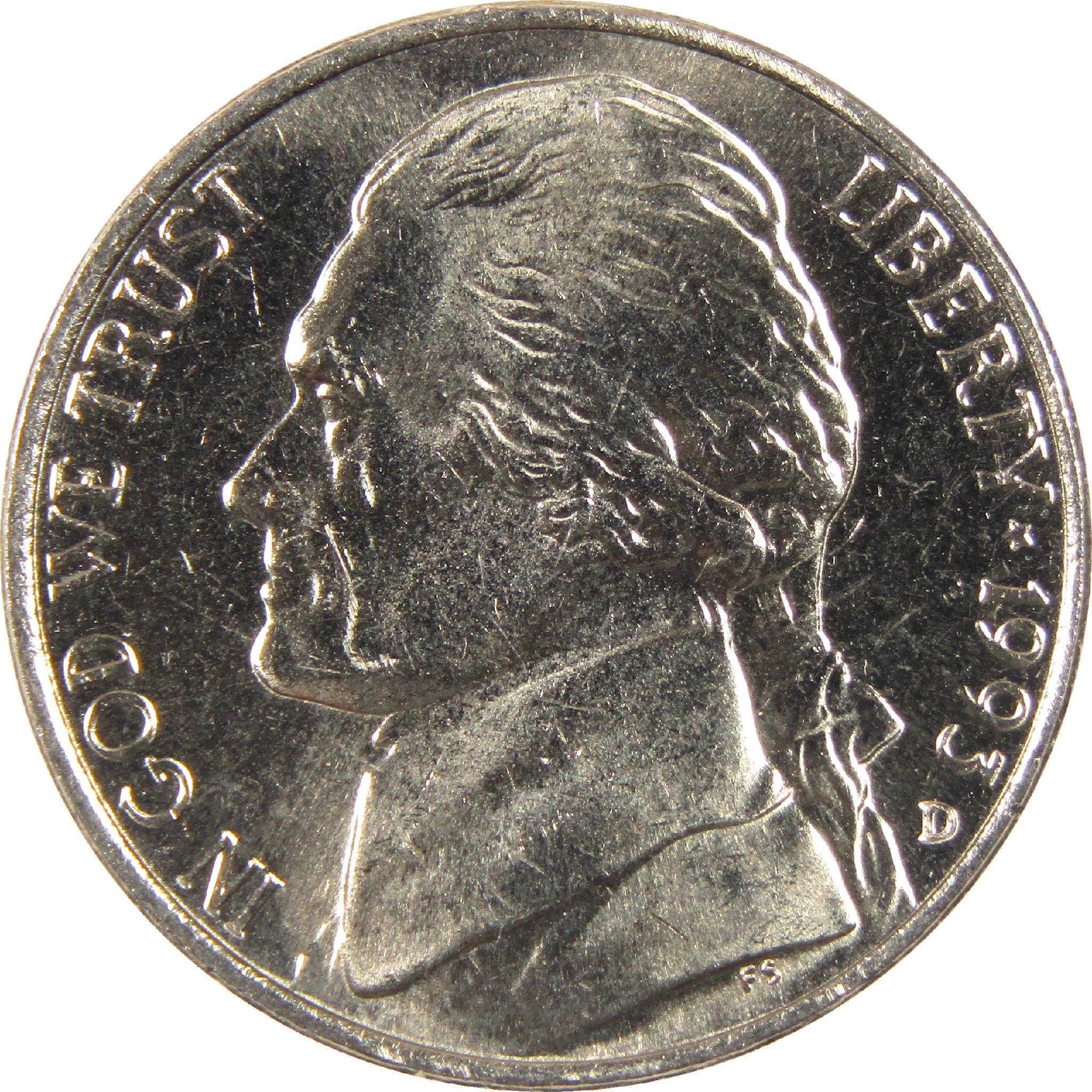 1995 D Jefferson nickel obverse, featuring Jefferson portrait, collectible US coin