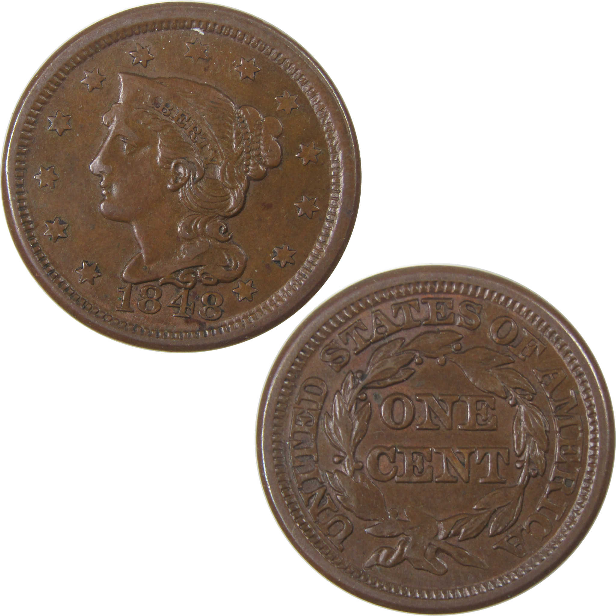 1848 Braided Hair Large Cent AU About Uncirculated Copper SKU:I17999