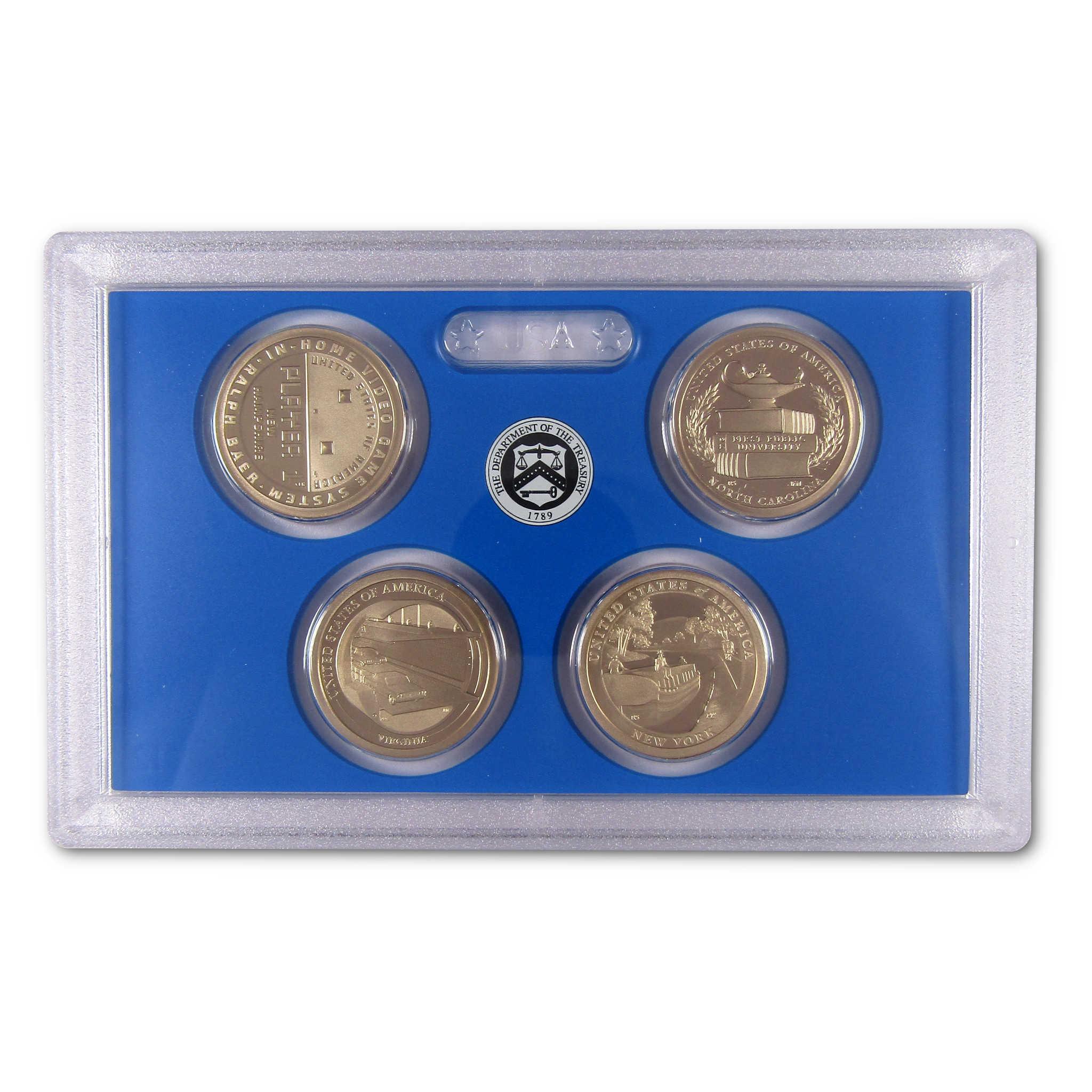 Collectible US coin set in blue display case, four commemorative coins, Treasury seal