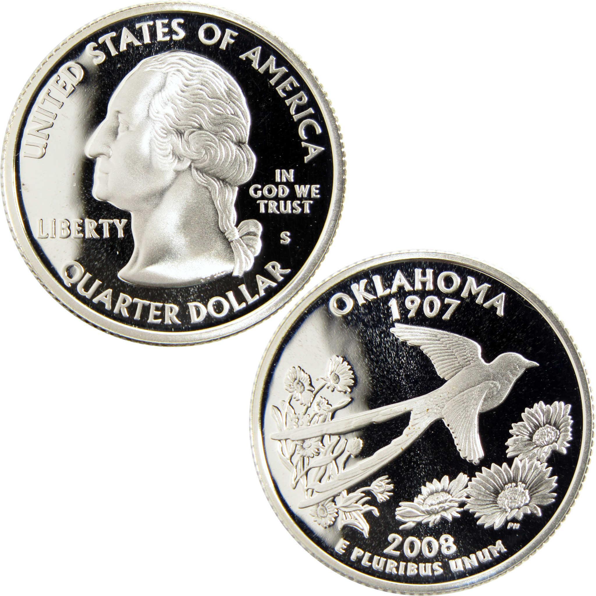 2008 Oklahoma state quarter collectible coin with scissor-tailed flycatcher and flowers