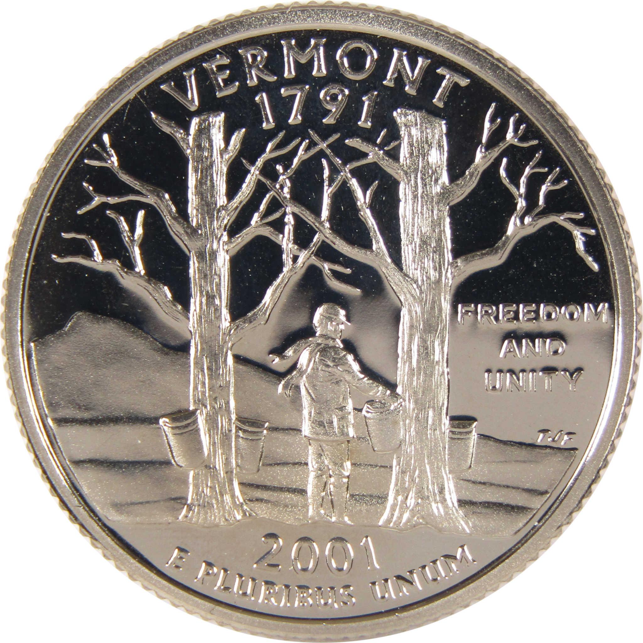 2001 Vermont state quarter featuring maple trees, buckets, and a person collecting sap