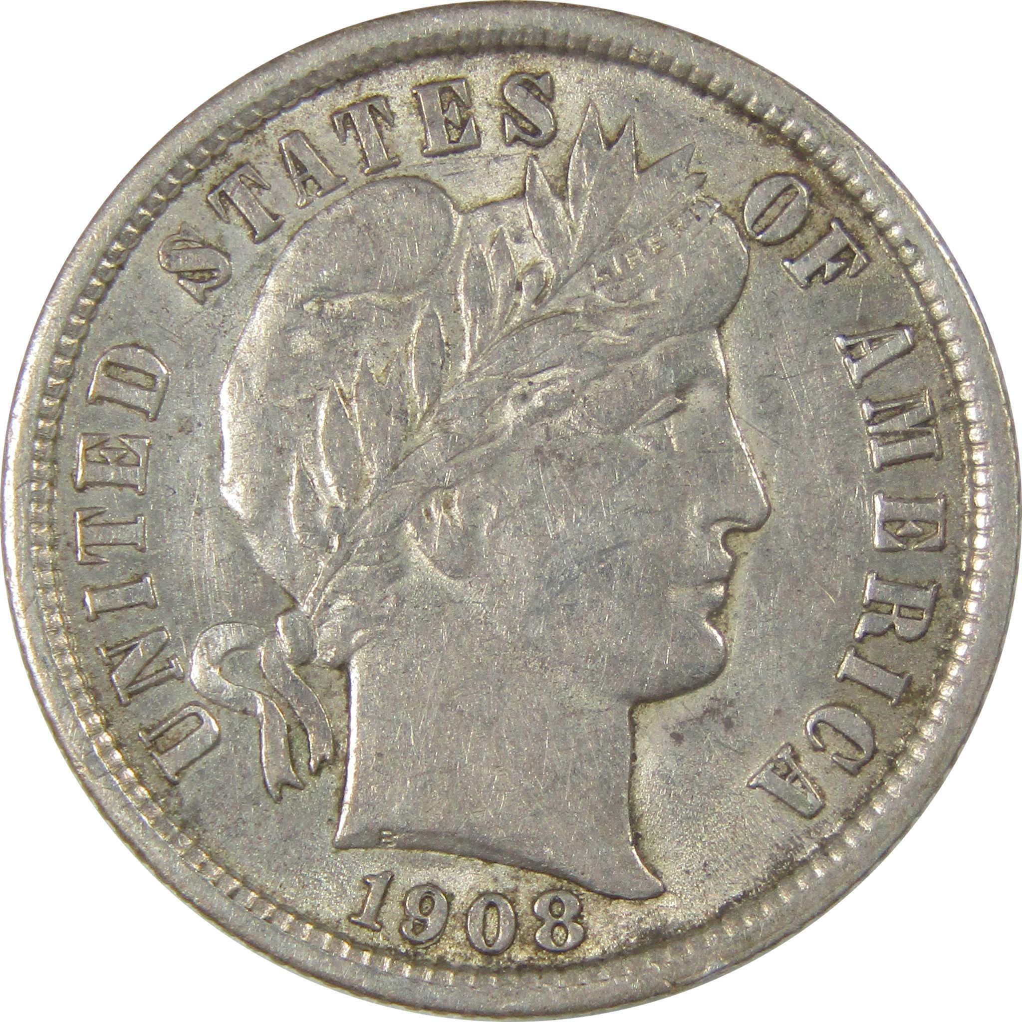 1908 Repunched Date Barber Silver Dime About Uncirculated SKU:I24208