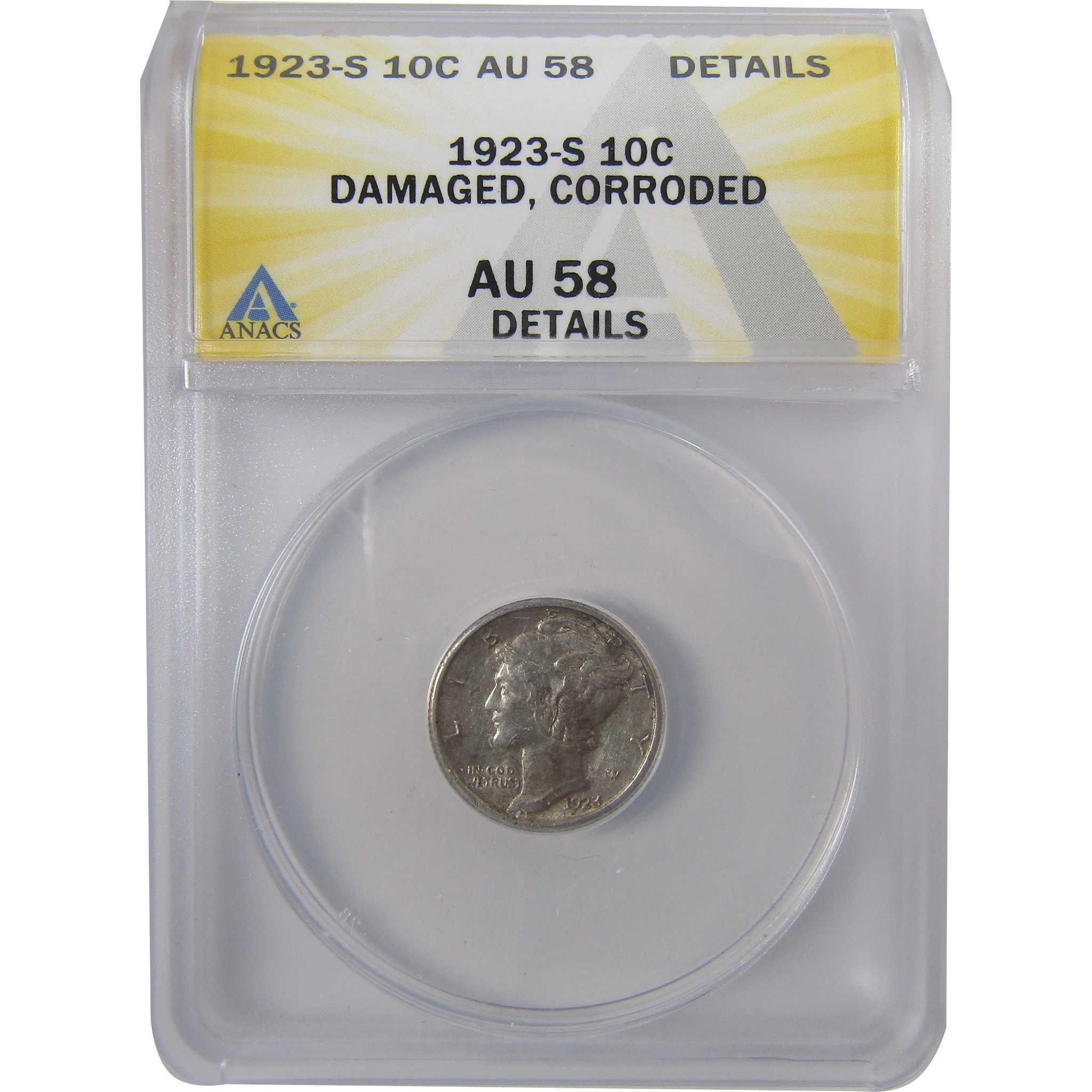 1923 S Mercury Silver Dime AU 58 Details ANACS 10c Coin SKU:I24427