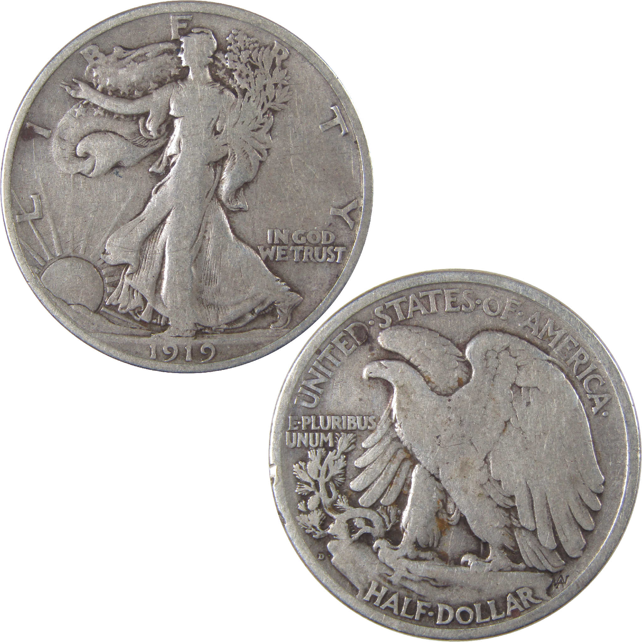 1919 D Liberty Walking Half Dollar F Fine Silver 50c Coin SKU:I18122