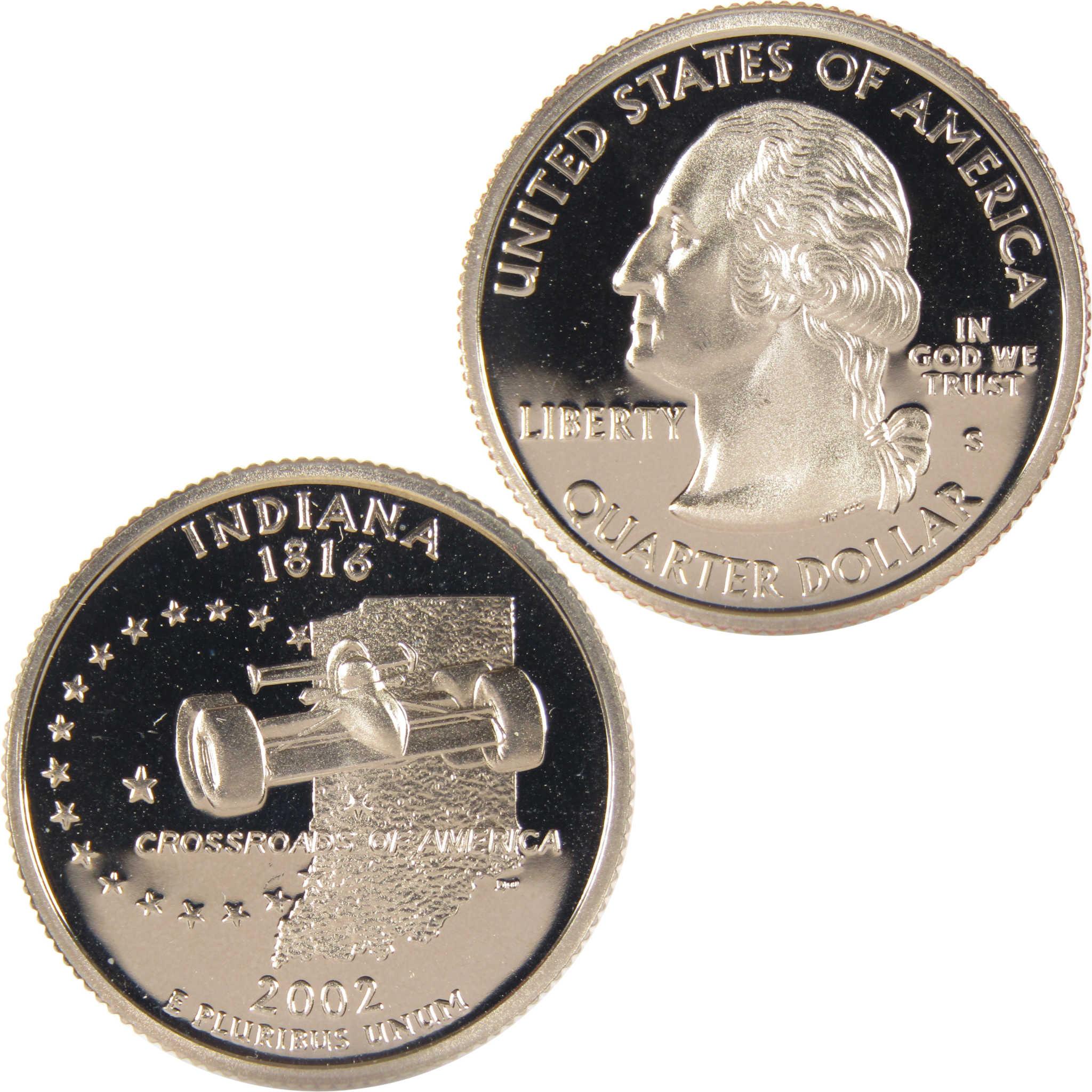 2002 Indiana state quarter collectible coin, featuring racecar and Washington profile