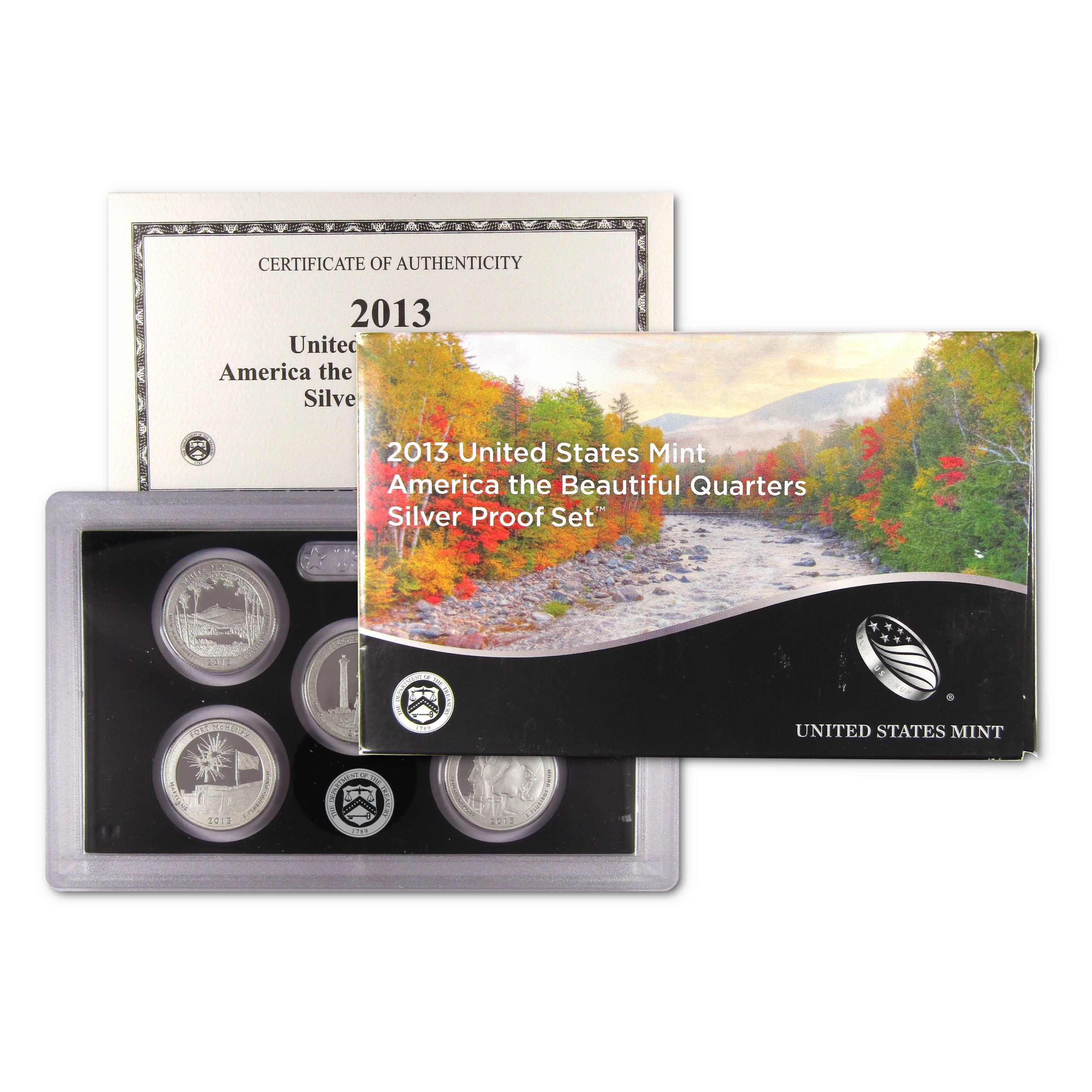 2013 America the Beautiful Quarters Silver Proof Set with coins, certificate, and box
