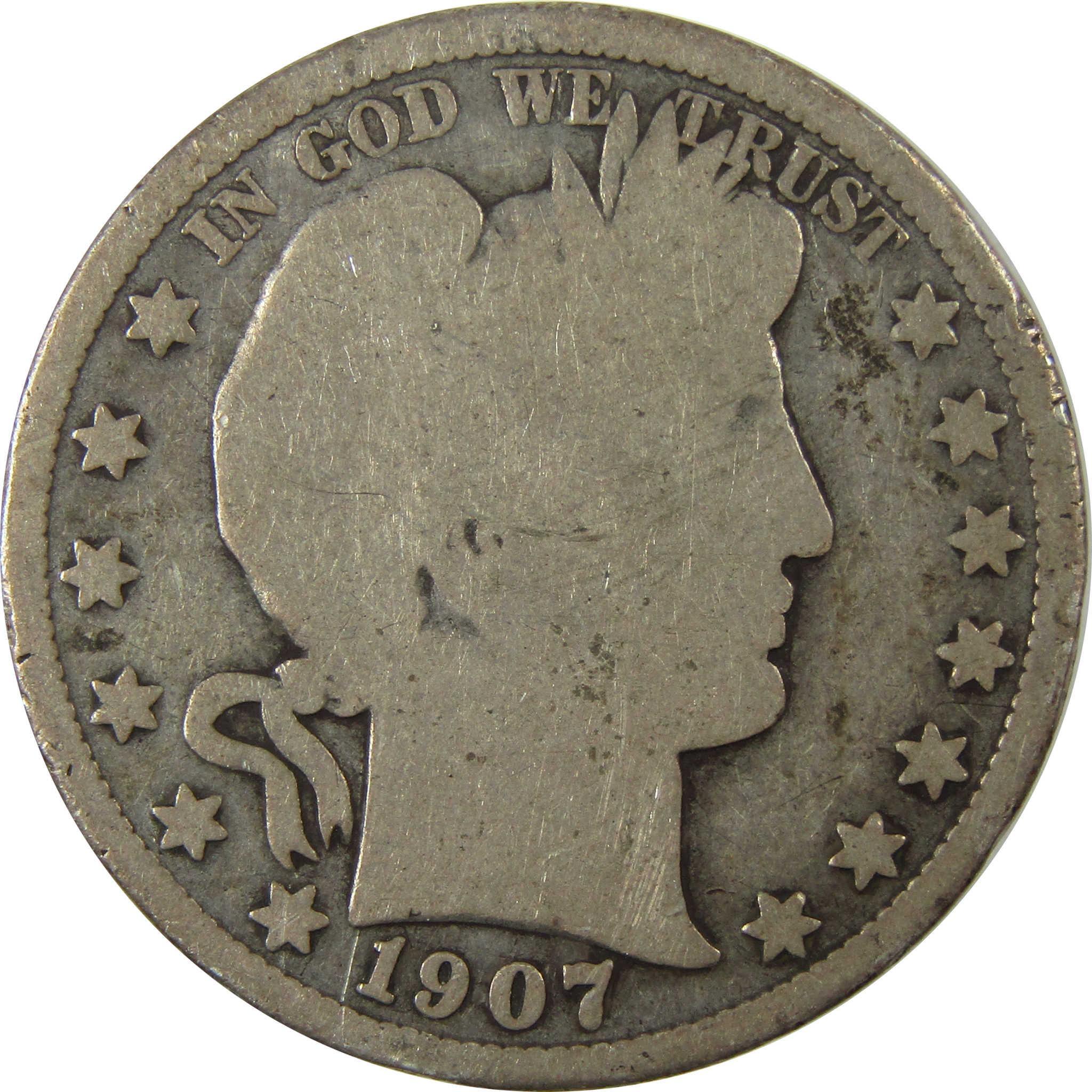 1907 D Barber Silver Half Dollar G Good Details 50c Coin SKU:I25813