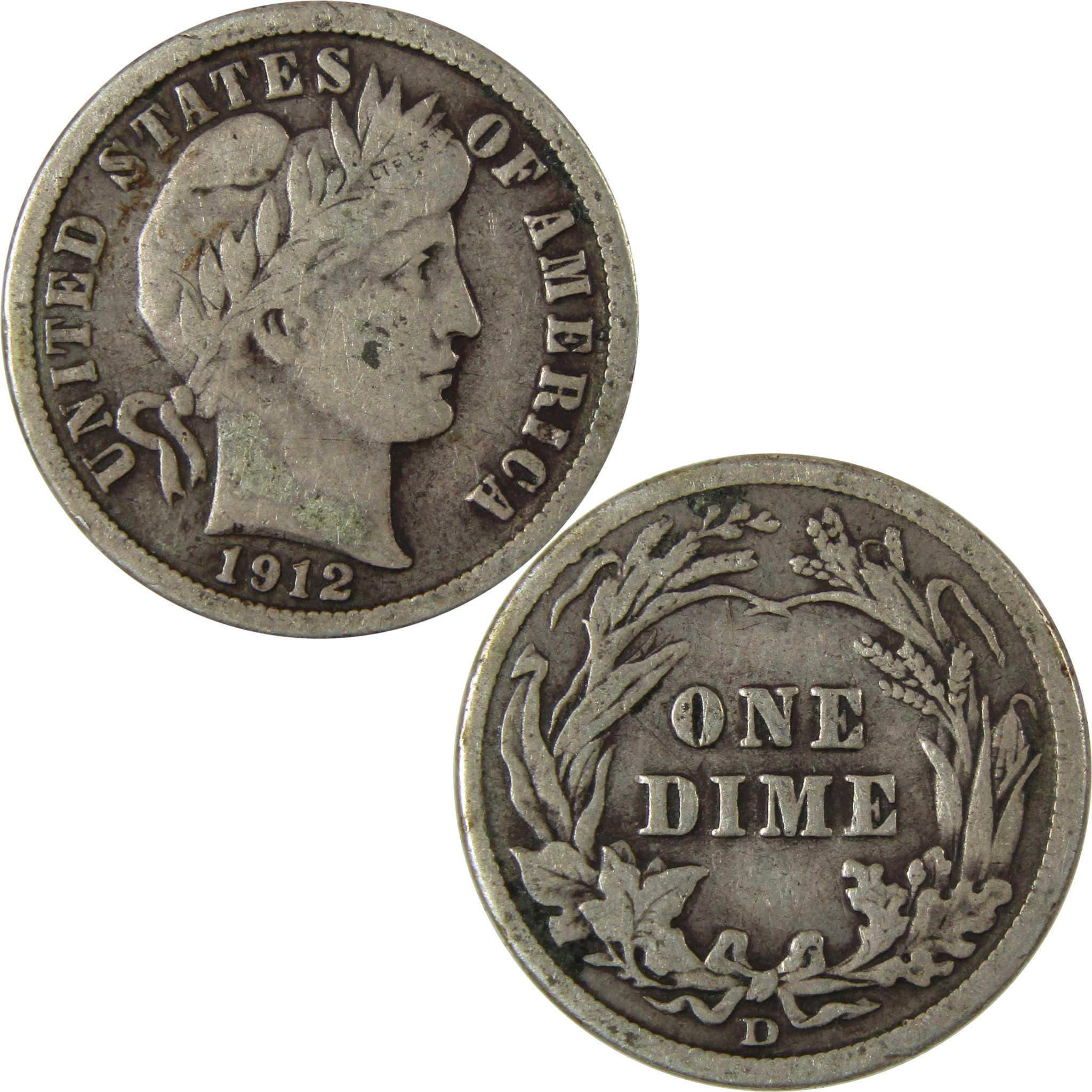 1912 D Barber Silver Dime F Fine 10c Coin Collectible SKU:CP979