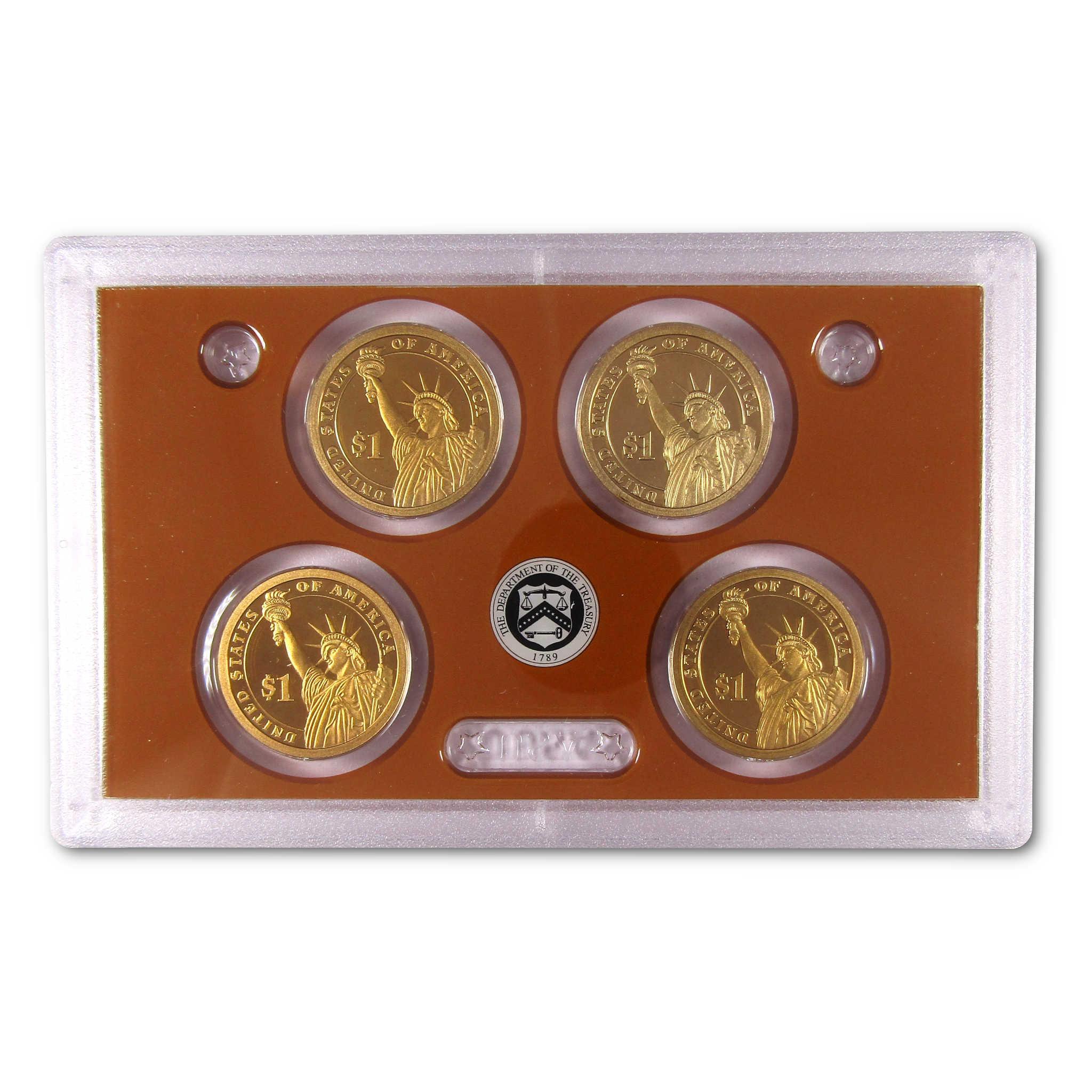Four collectible $1 U.S. coins in protective display case, Statue of Liberty design.