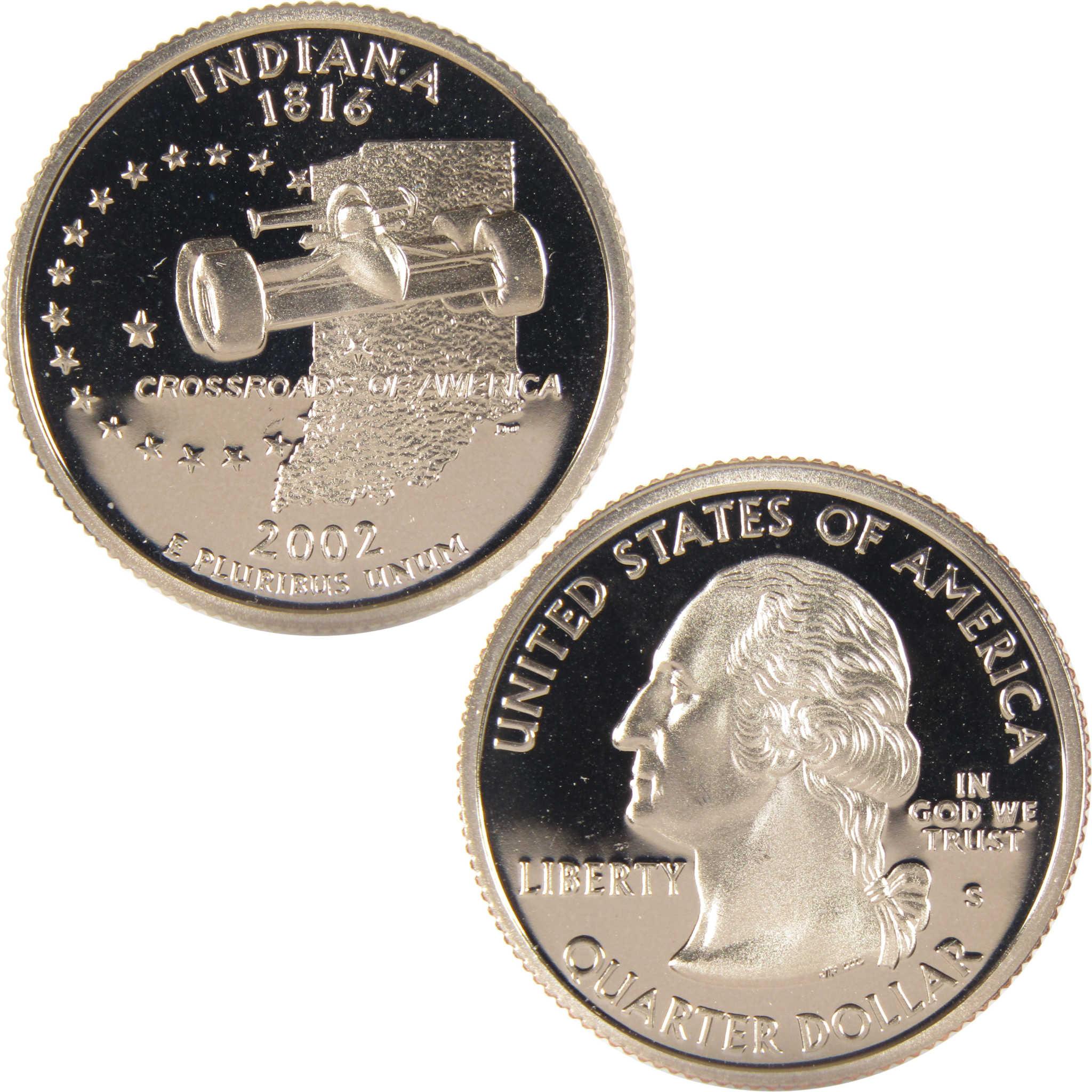 2002 Indiana state quarter featuring racecar and state outline, collectible US coin