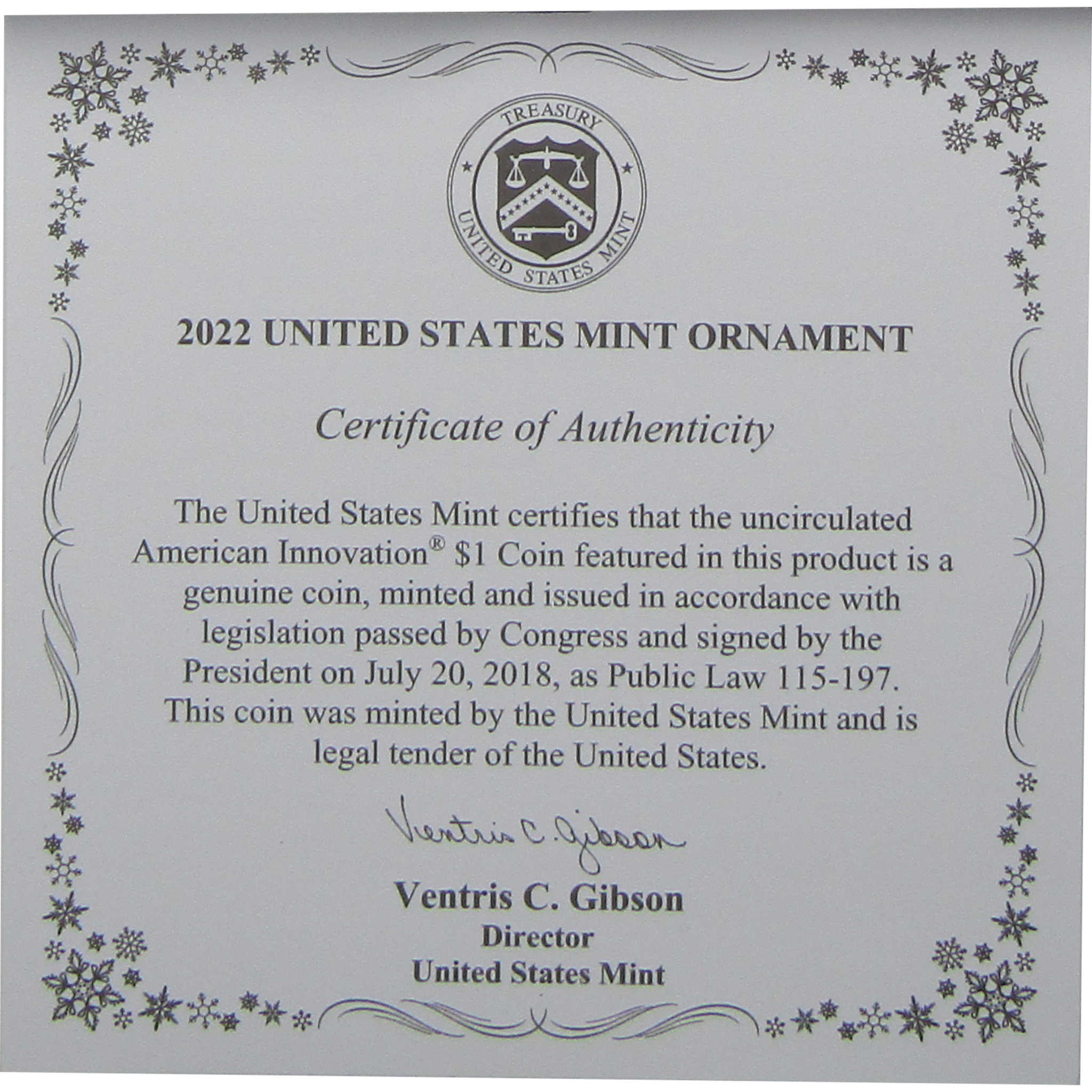 2022 Vermont Snowboarding American Innovation $1 Coin Holiday Ornament