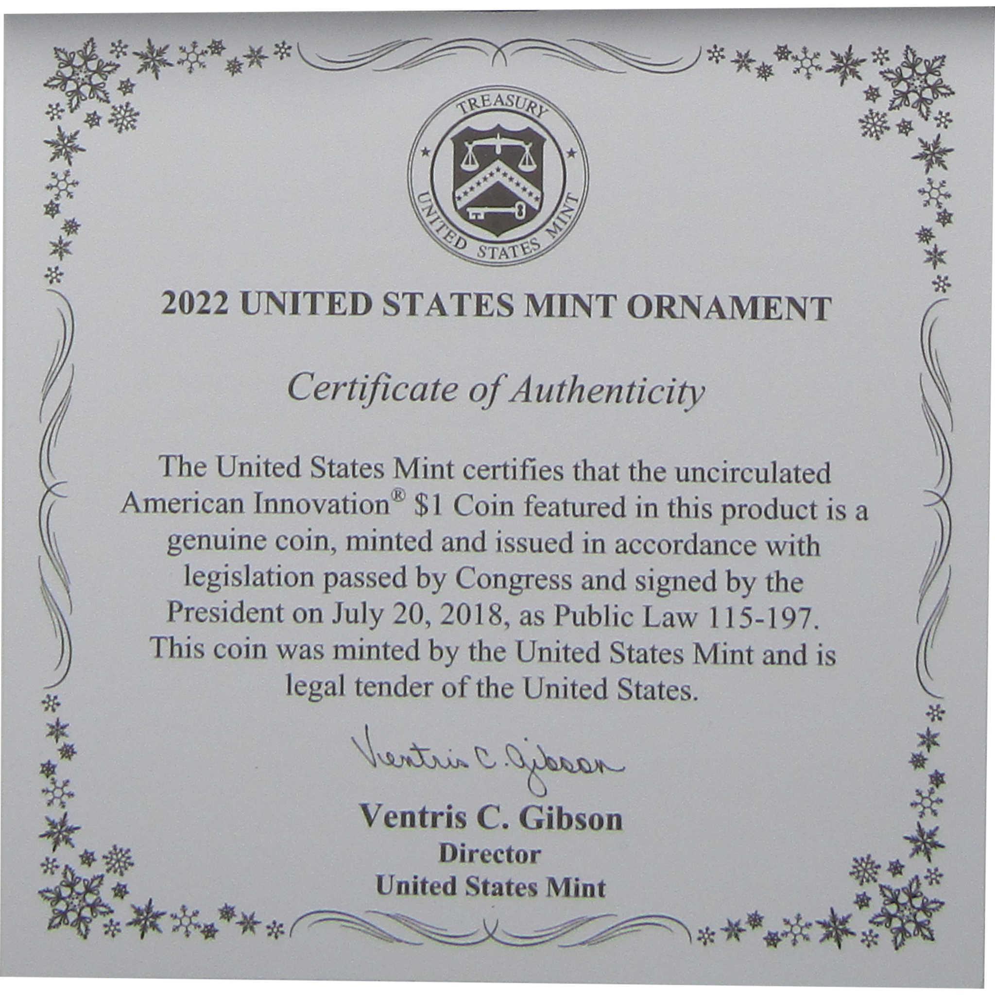 2022 Vermont Snowboarding American Innovation $1 Coin Holiday Ornament