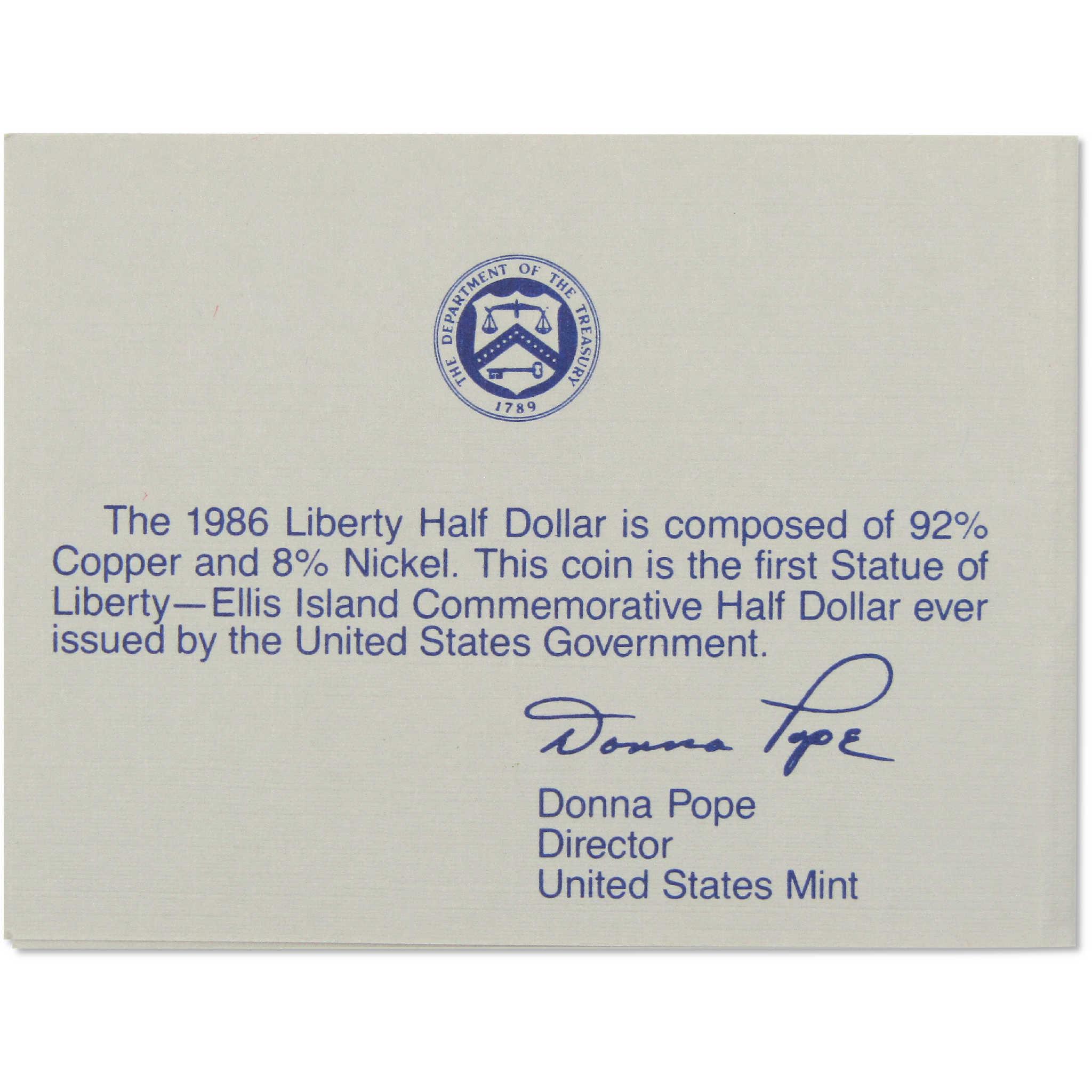 1986 D Statue of Liberty Commemorative Half Dollar Uncirculated OGP