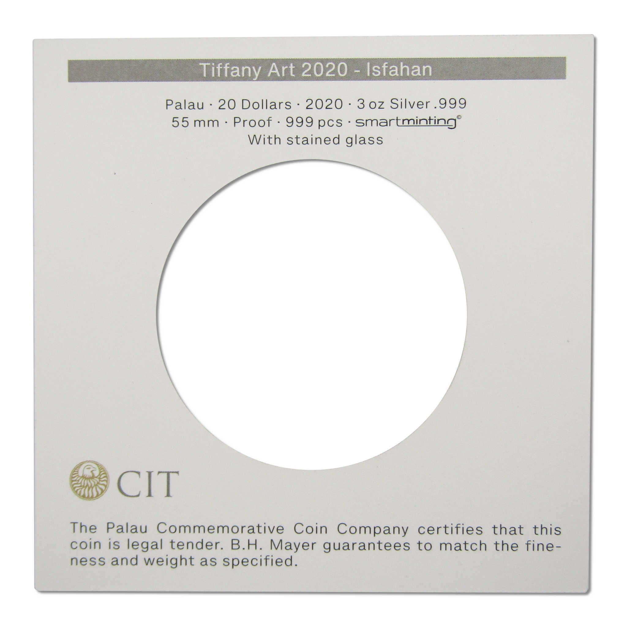 Tiffany Art Isfahan 3 oz .999 Silver $20 Proof Coin 2020 Palau COA