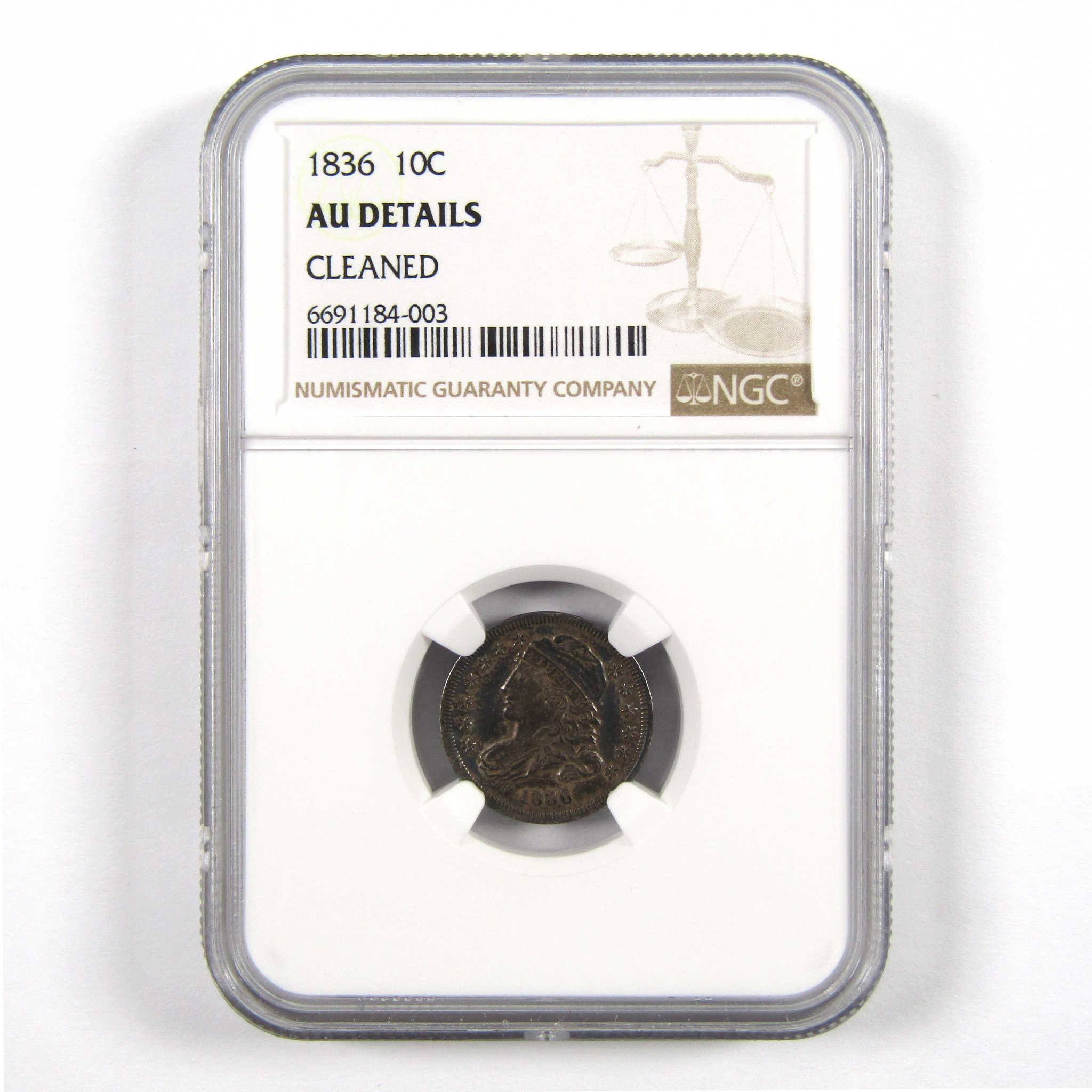 1836 Capped Bust Dime AU Details NGC 89.24% Silver 10c SKU:I11093